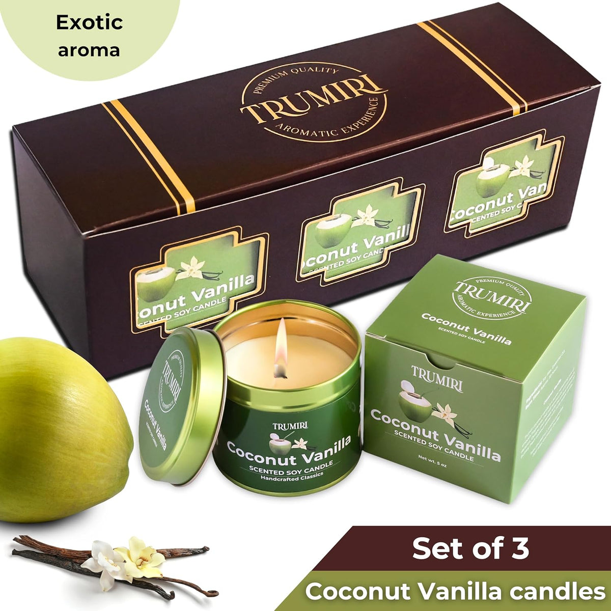 Coconut Vanilla - Aromatherapy Candles for Home Scented - Pack of 3-5oz Natural Soy Wax Clean Organic Non Toxic - Long Lasting Highly Scented with Essential Oils - Gifts for Women Relaxing Spa