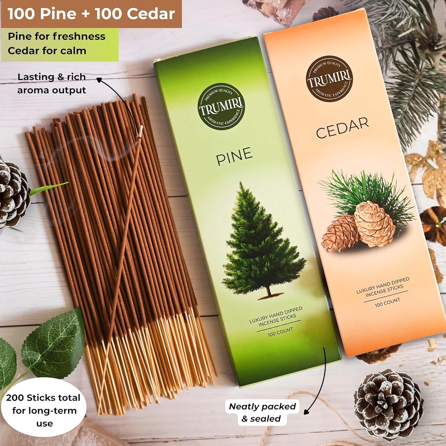 Cedar & Pine - Combo Pack of Incense Sticks - 100 Insence-Sticks of Each Scent - Total 200 Inscents - Natural Insense Made with Non Toxic Ingredients and Essential Oils