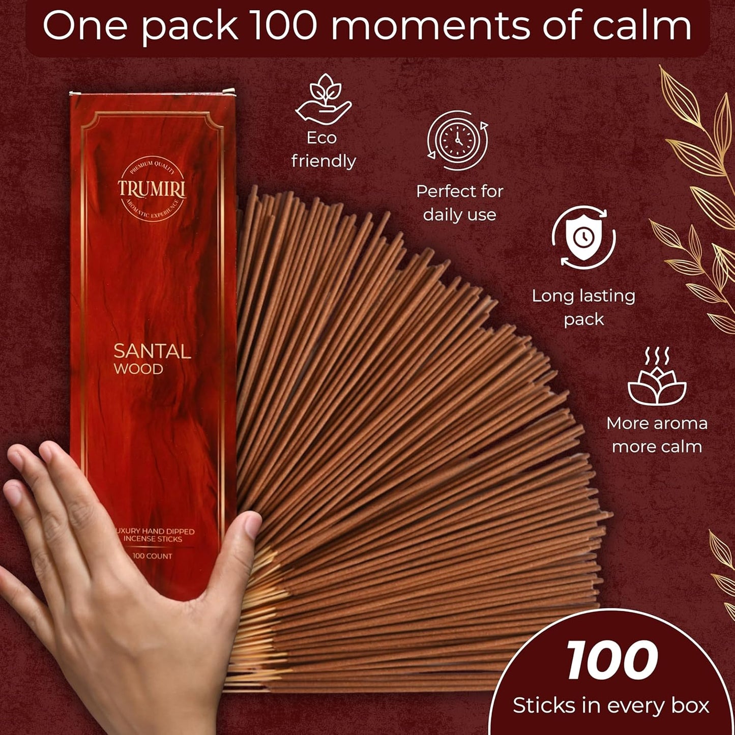 Santal Incense Sticks - Pack of 100 Insence-Sticks - Incienso De Sandalo - Made with Natural Sandalwood - Scented Inscents Non Toxic Insense Incents