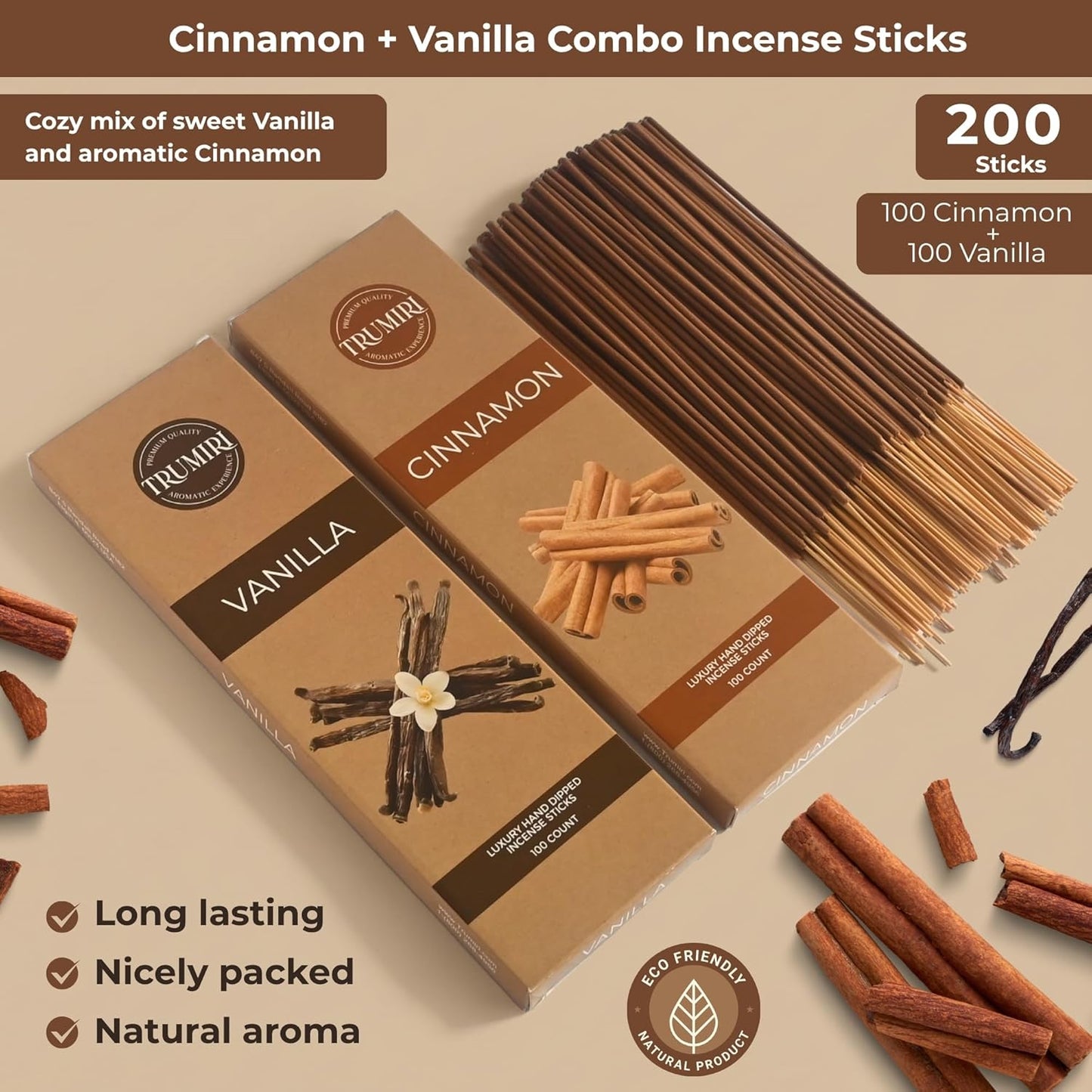Cinnamon & Vanilla - Combo Pack of Incense Sticks - 100 Insence-Sticks of Each Scent - Total 200 Inscents - Inciensos Aromaticos para La Casa - Made with Natural Non Toxic Ingredients