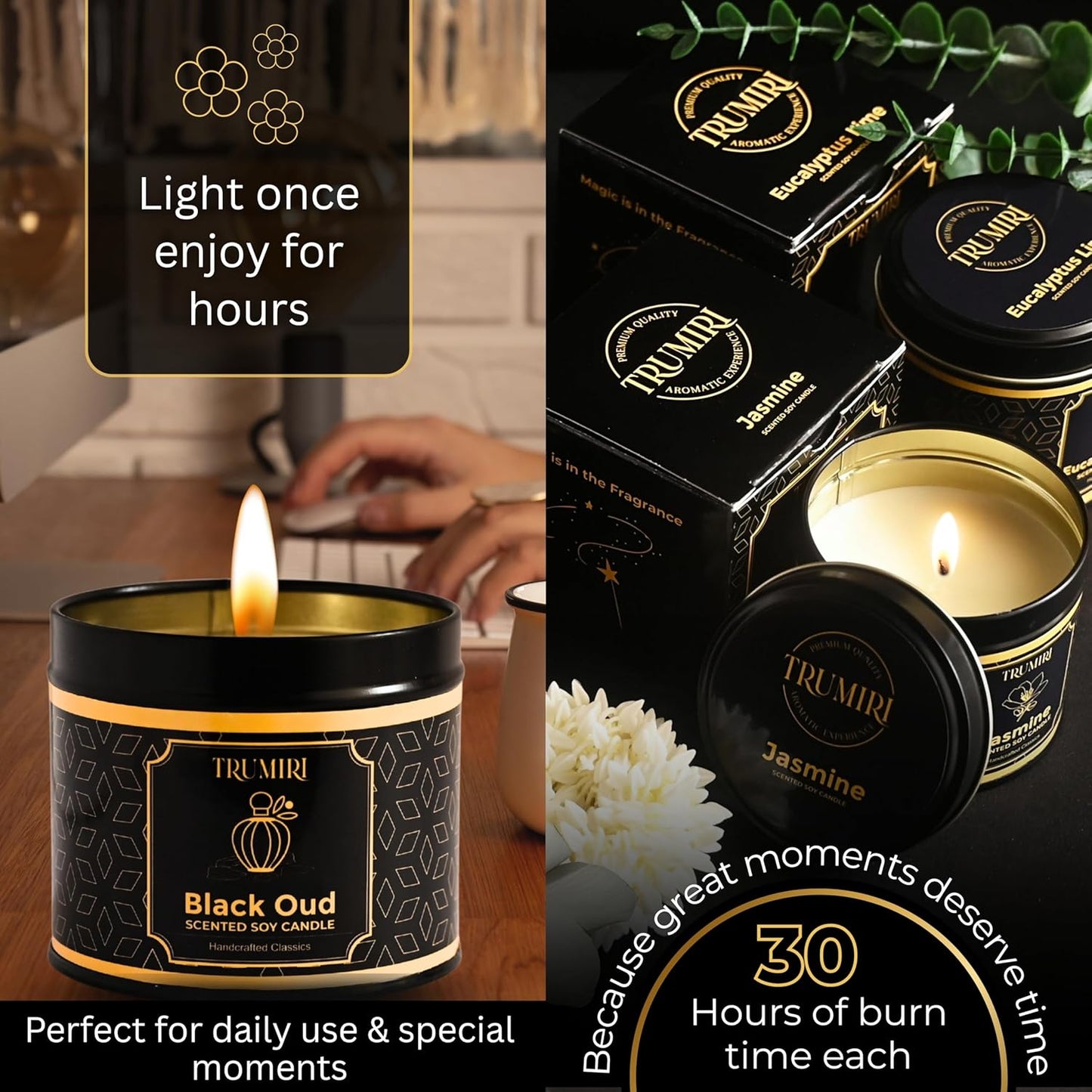 Candle Gift Set of 3 Black Oud|Jasmine|Eucalyptus Lime Highly Scented Soy Candels Natural Non Toxic Velas Aromáticas Favors for Women Coworkers Friends Guests Also for Fall Diwali Christmas Holidays