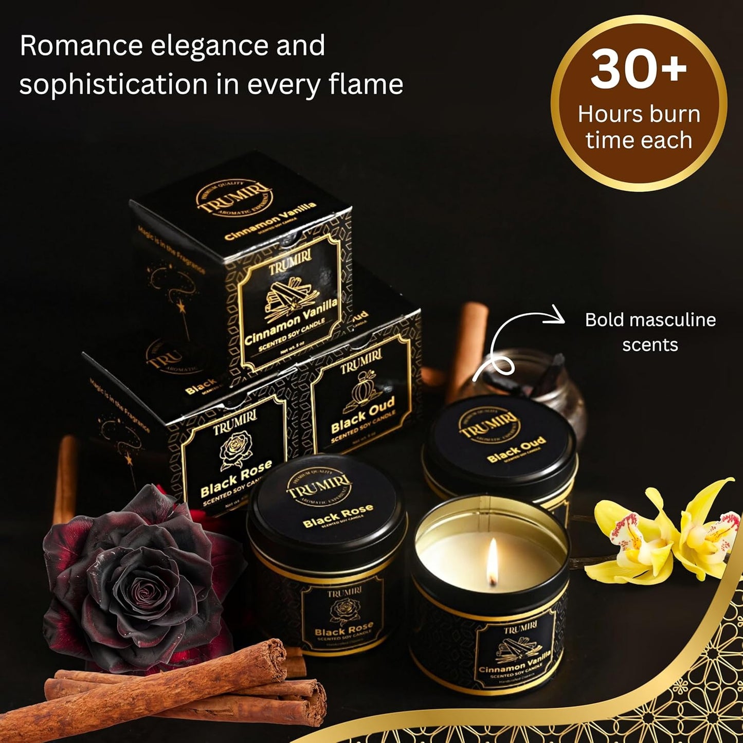 Candle Gift Set of 3 Black Oud|Cinnamon Vanilla|Black Rose Strong Scented Soy Candels Clean Non Toxic Velas Aromáticas Favors for Women Coworkers Friends Guests Also for Diwali Christmas Holidays