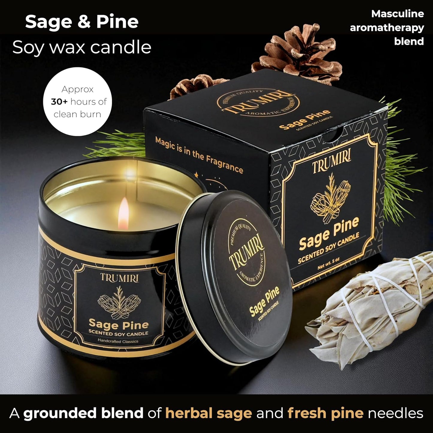 Sage & Pine Candle Strong Scented Soy Candel Natural Non Toxic Velas Aromáticas for Cleansing Gift for Fall Christmas Holidays Pack of 1 5Oz Decorartive Travel Tin