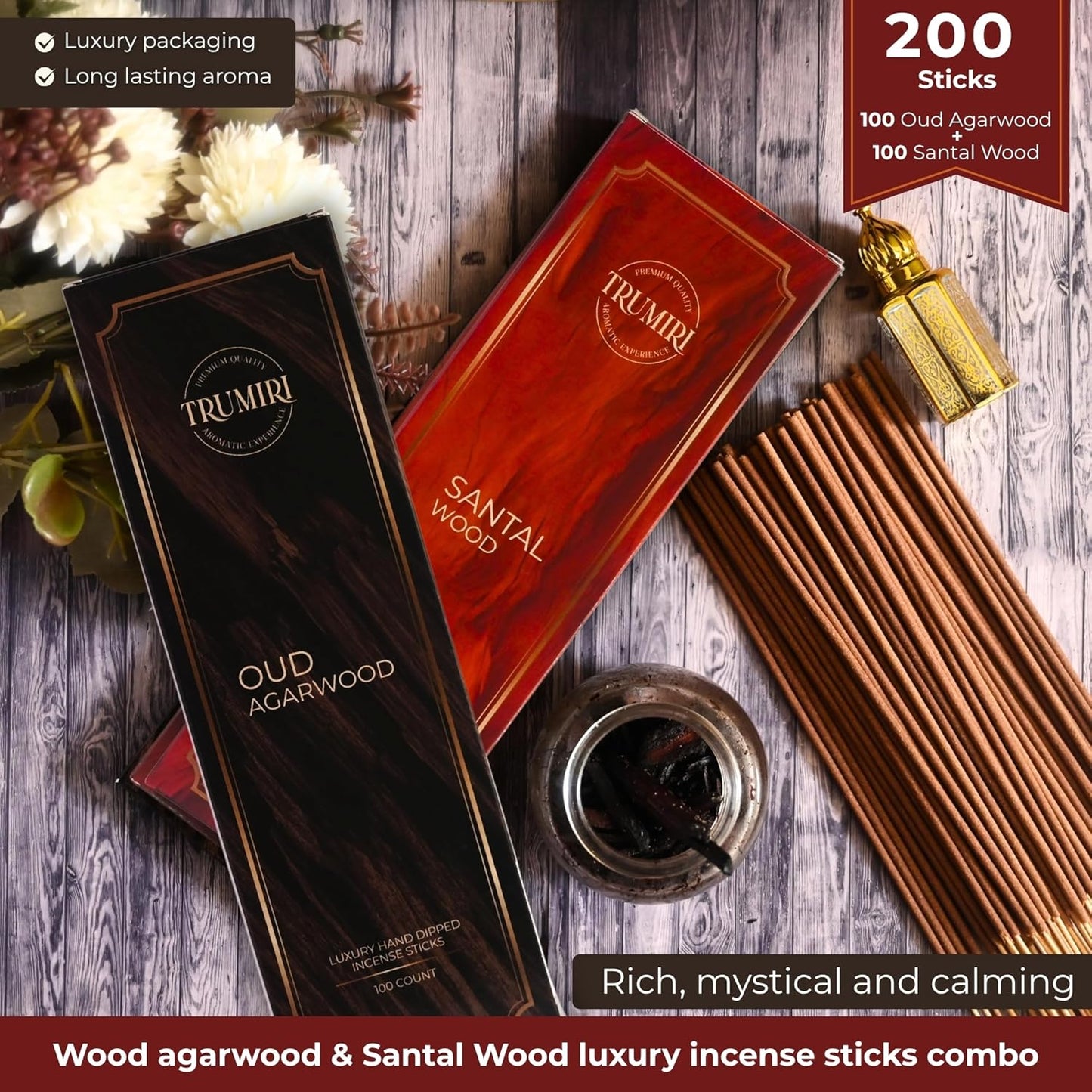 Oud Agarwood & Santal Wood - Combo Pack of Incense Sticks - 100 Insence-Sticks of Each Scent - Total 200 Inscents - Natural Insense Made with Non Toxic Ingredients and Essential Oils