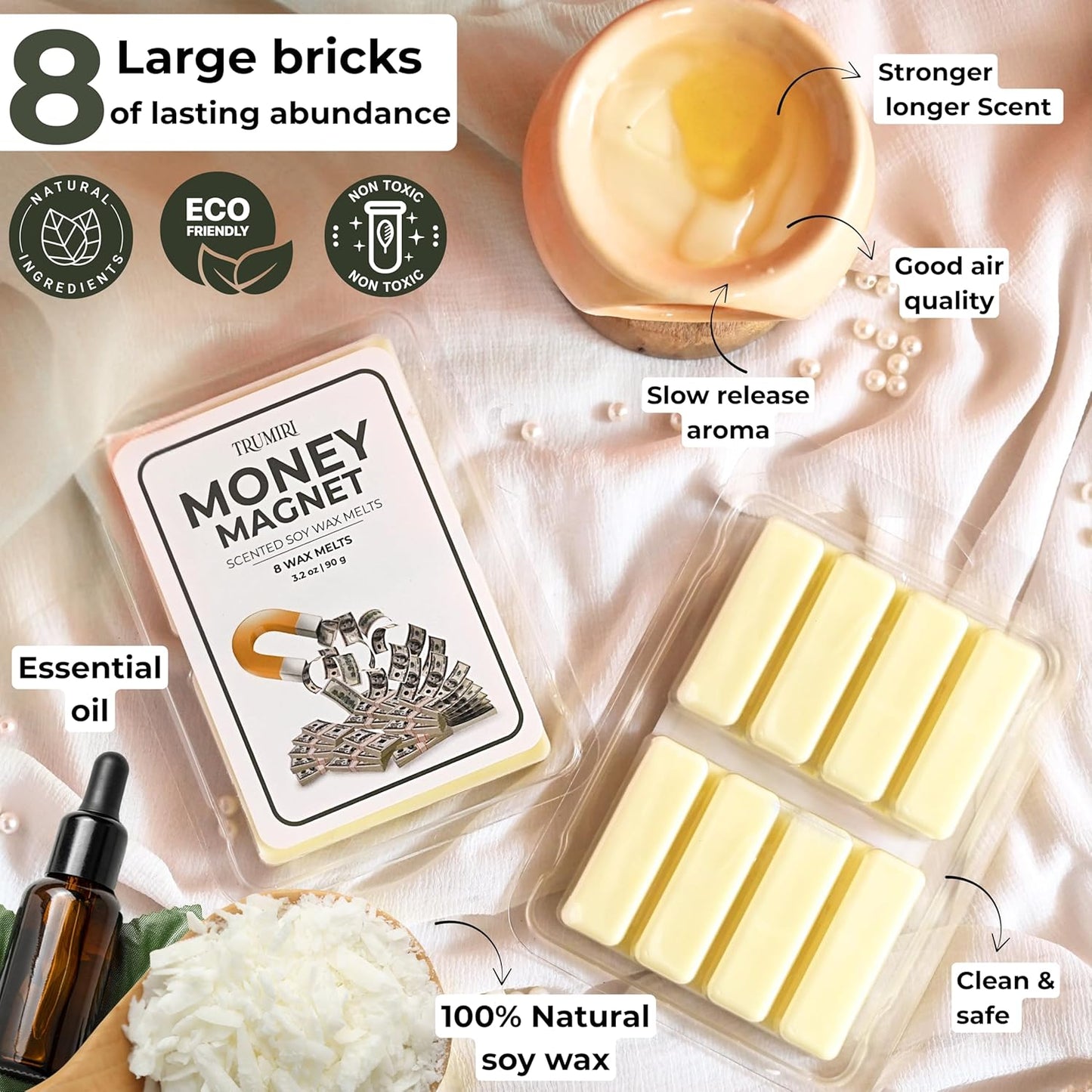 TRUMIRI Money Magnet Scented Wax Melts - Made with Non Toxic Soy Wax and Essential Oils - Long Lasting Strong Scent Pet Safe Candle Wax Cubes Tarts for Warmers - to Attract Money and Wealth