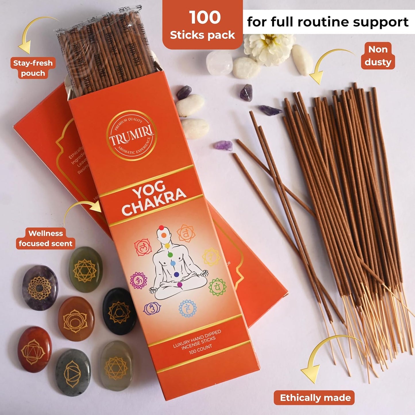 YOG Chakra Incense Sticks - Pack of 100 Insence-Sticks for Chakra Meditation - Made with Natural Raw Ingredients - Scented Inciensos Indian Spiritual Agarbatti Insense