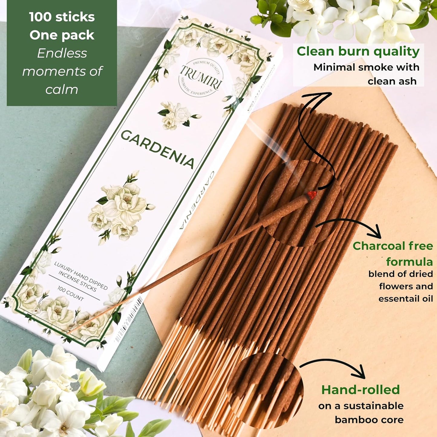 Gardenia Incense Sticks - Pack of 100 Inscents-Sticks - Inciensos Aromaticos para La Casa - Made with Natural Insence Ingredients - Scented Incents Non Toxic Insense
