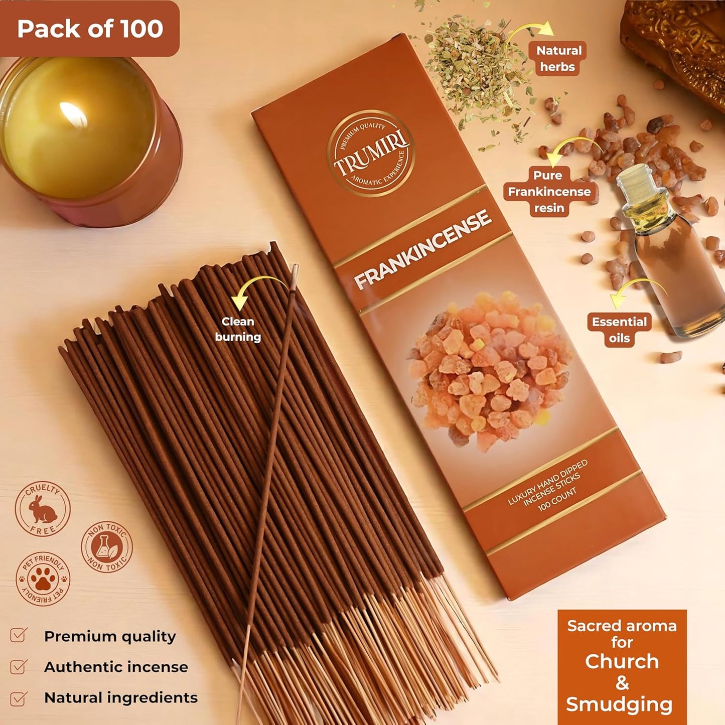 Frankincense Incense Sticks - Pack of 100 Insence-Sticks for Catholic Christian Church - Made with Natural Non Toxic Incienso - Scented Insense Spiritual Agarbatti Incents