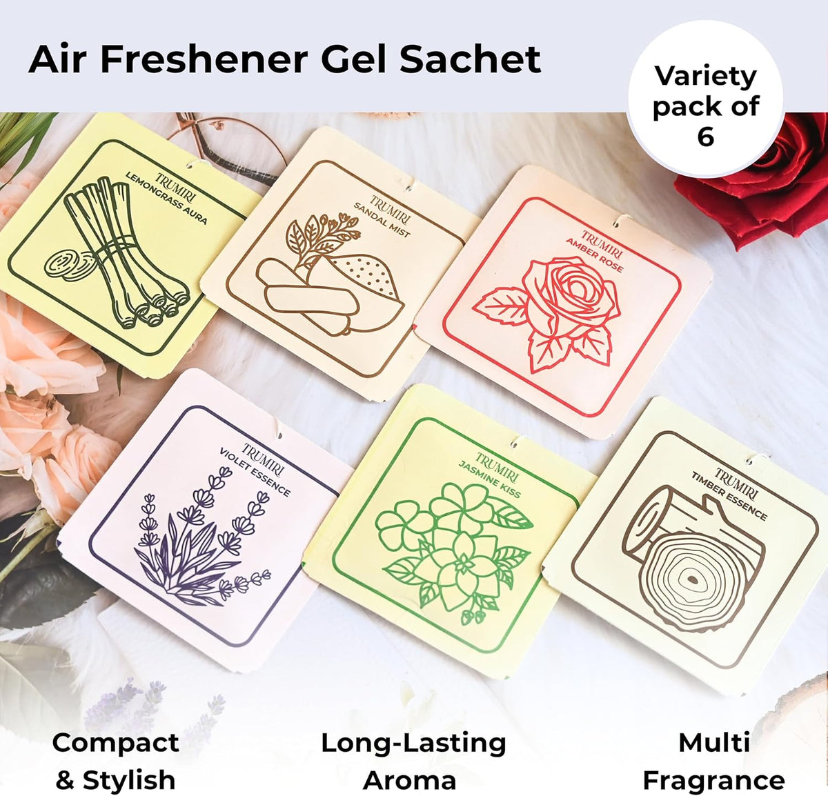 Room Deodorizer Gel Odor Eliminator For Home - Variety Pack Of 6 - Timber Essence|Sandal Mist|Lemongrass Aura|Violet Essence|Amber Rose|Jasmine Kiss - Bathroom Air Freshener Odor Absorber