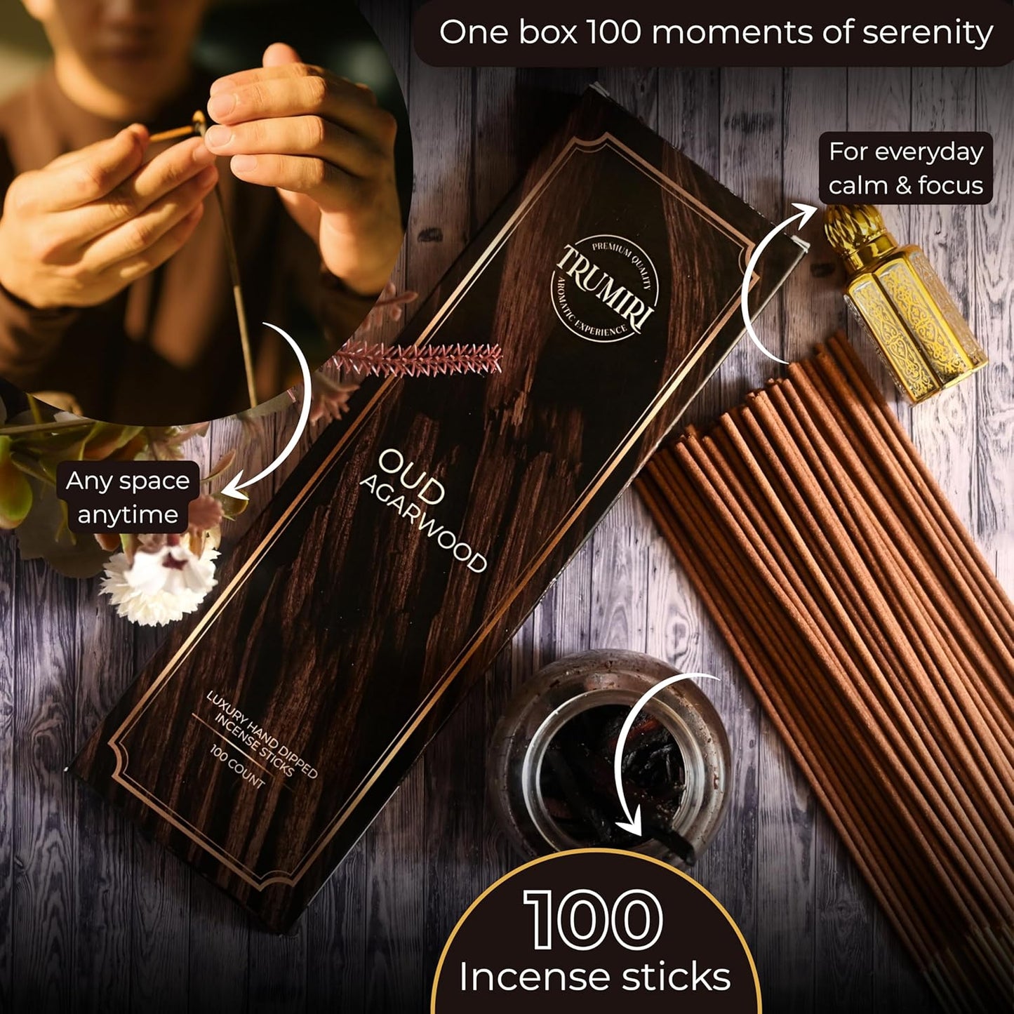 Oud Agarwood Incense Sticks - Pack of 100 Insence-Sticks - Inciensos Aromaticos Made with Natural Agarwood Essential Oil - Scented Inscents Non Toxic Agarbatti Insense