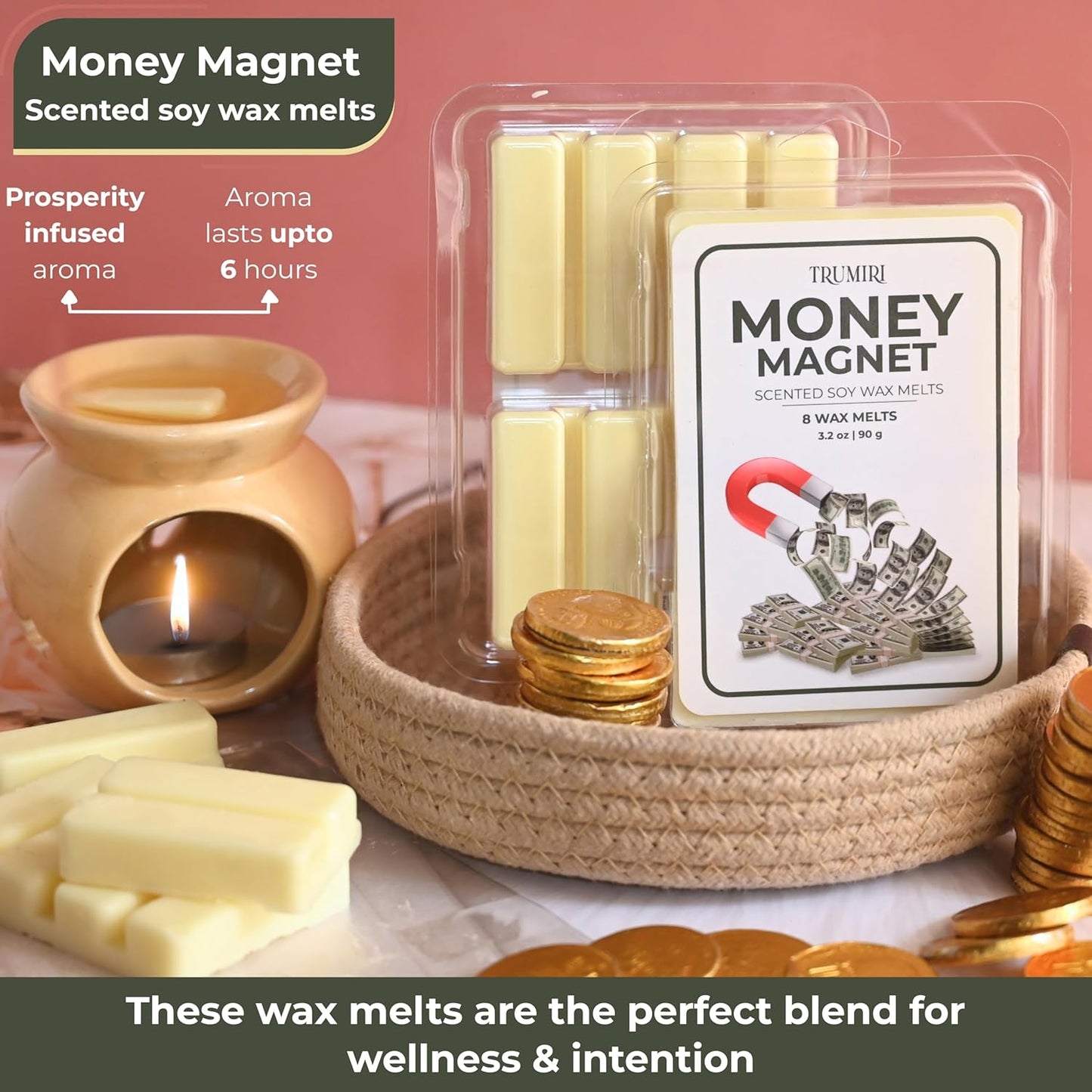 TRUMIRI Money Magnet Scented Wax Melts - Made with Non Toxic Soy Wax and Essential Oils - Long Lasting Strong Scent Pet Safe Candle Wax Cubes Tarts for Warmers Pack of 4
