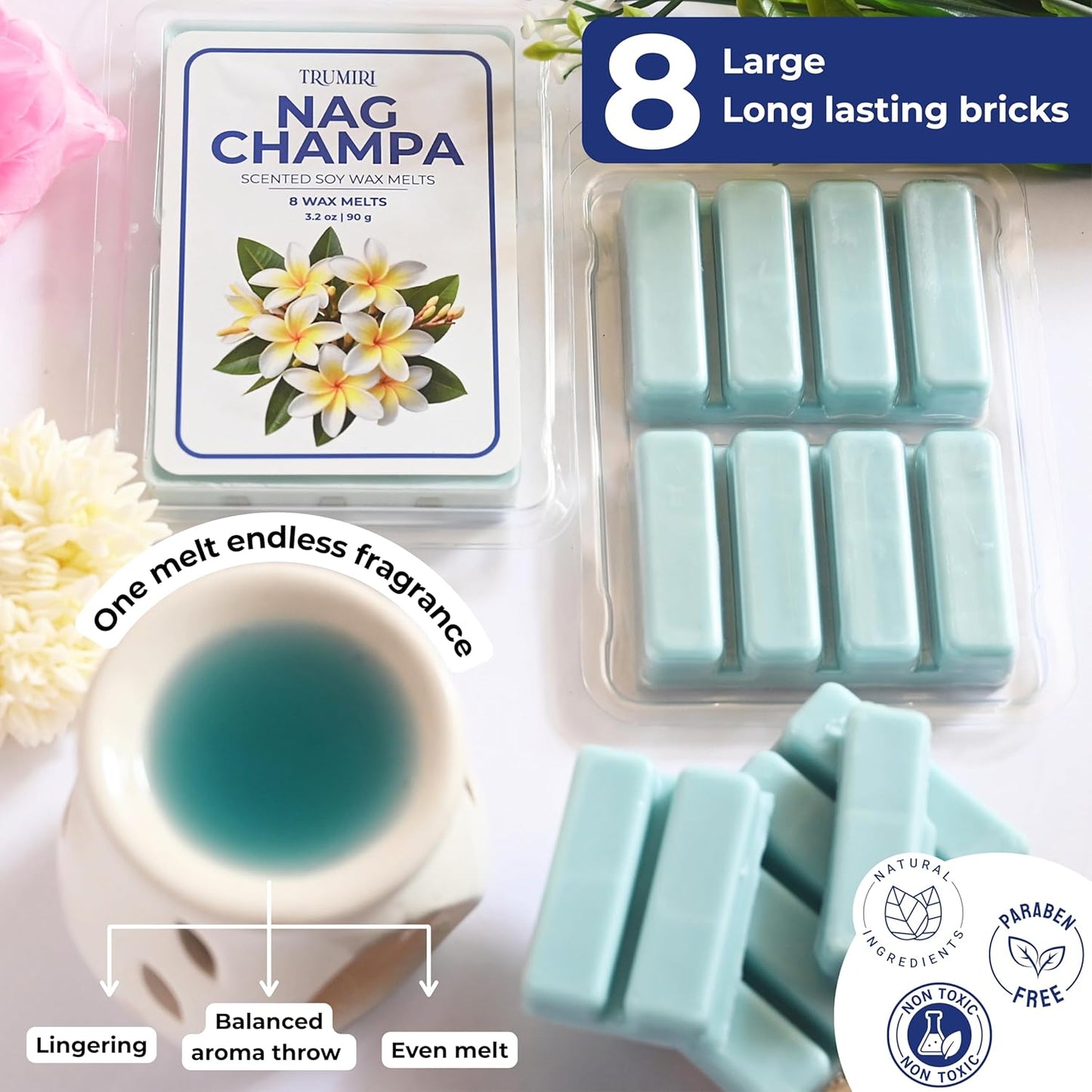 TRUMIRI Nag Champa Scented Wax Melts - Made with Non Toxic Soy Wax and Essential Oils - Long Lasting Strong Scent Pet Safe Aromatherapy Candle Wax Cubes Tarts for Warmers