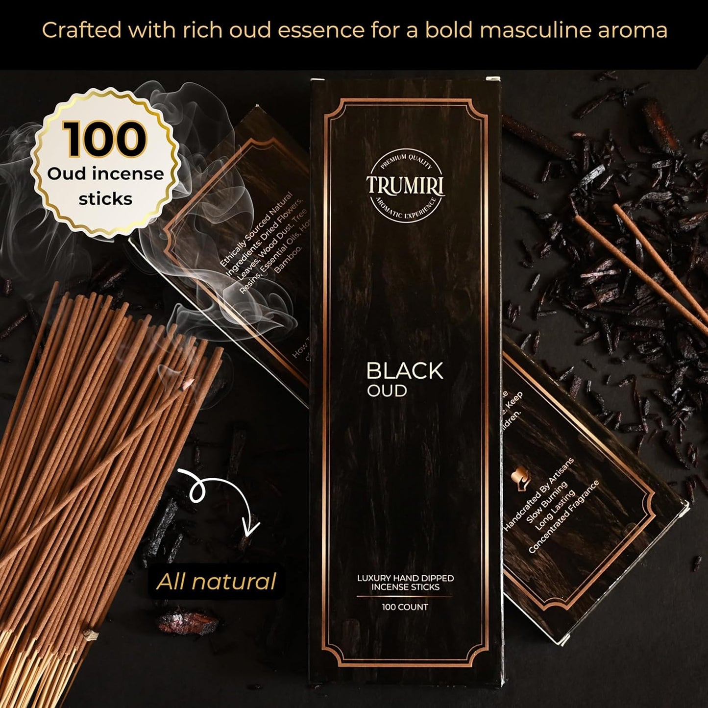 Black Oud Incense Sticks - Pack of 100 Insence-Sticks - Inciensos Aromaticos Made with Natural Oud Essential Oil - Scented Inscents Non Toxic Agarbatti Insense