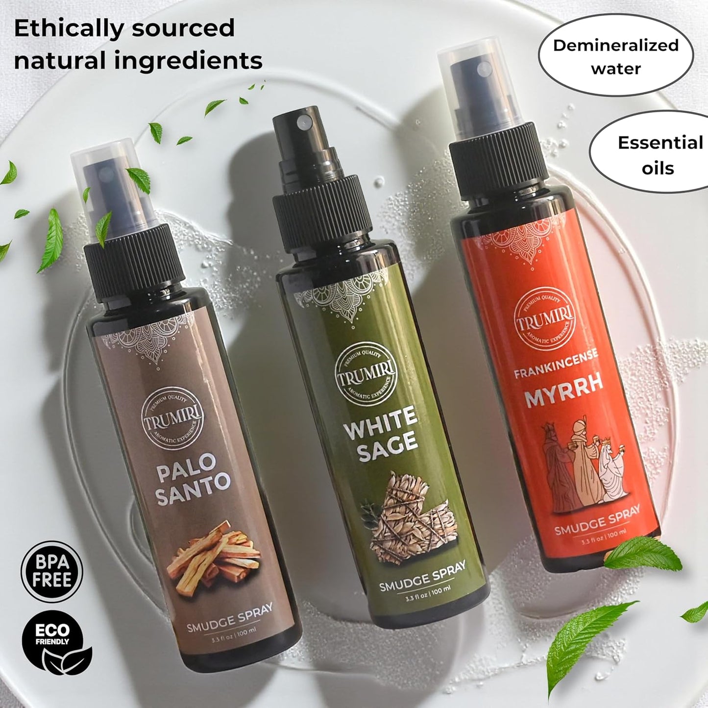 Set of 3 Smudge Sprays White Sage|Palo Santo|Frankincense Myrrh for Spiritual Cleansing of Negative Energy and Protection - Natural Room Sprays and Body Mists Made with Non Toxic Essential Oils