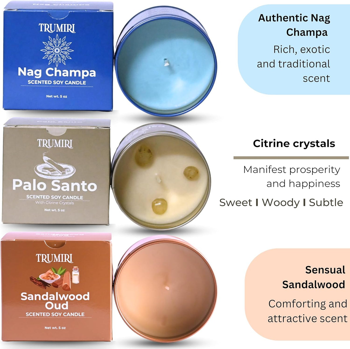 Palo Santo, Nag Champa, Sandalwood Oud - Soy Candles Non Toxic - Highly Scented Long Lasting with Essential Oils - Variety Pack of 3 x 5oz - for Home Aromatherapy Meditation Gift Travel