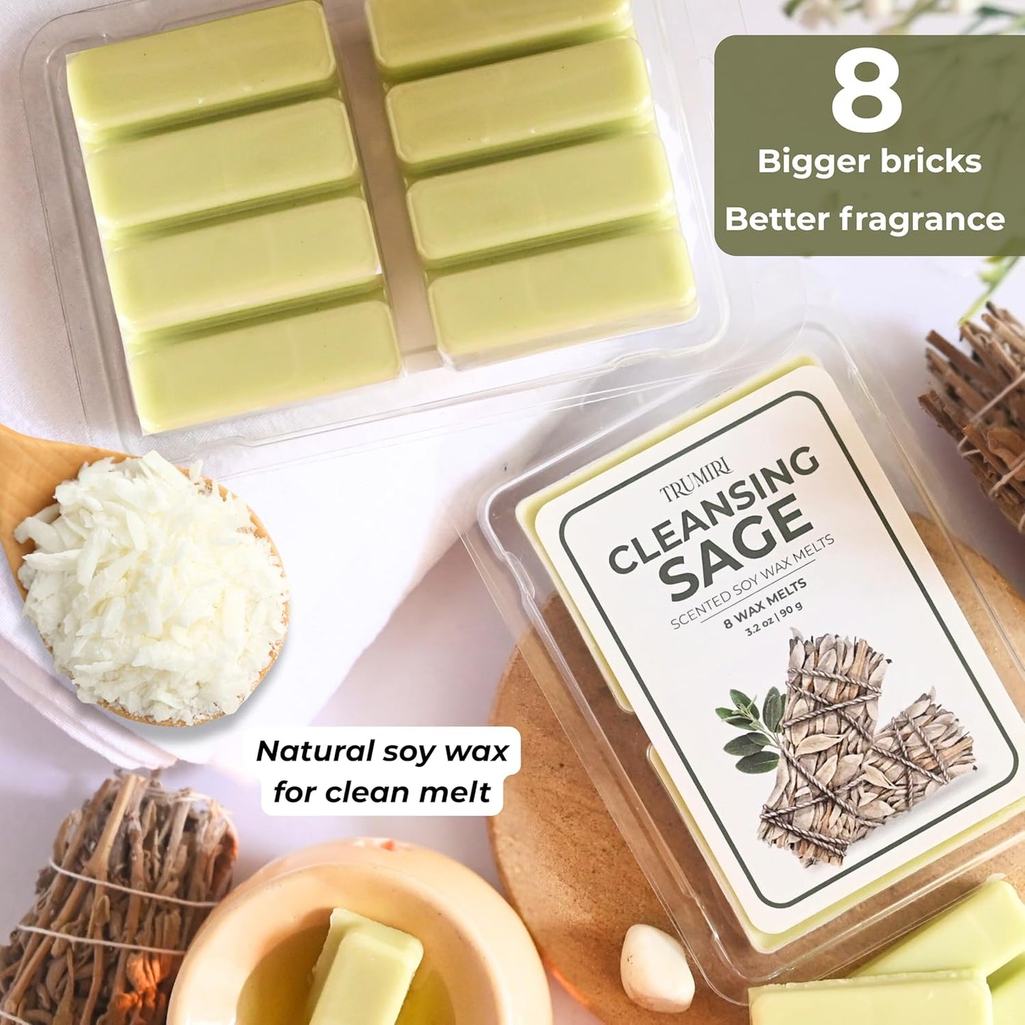 Cleansing Sage Scented Wax Melts - Made With Non Toxic Soy Wax And Essential Oils - Long Lasting Strong Scent Pet Safe Candle Wax Cubes Tarts For Warmers - For Cleansing Negative Energy And Protection