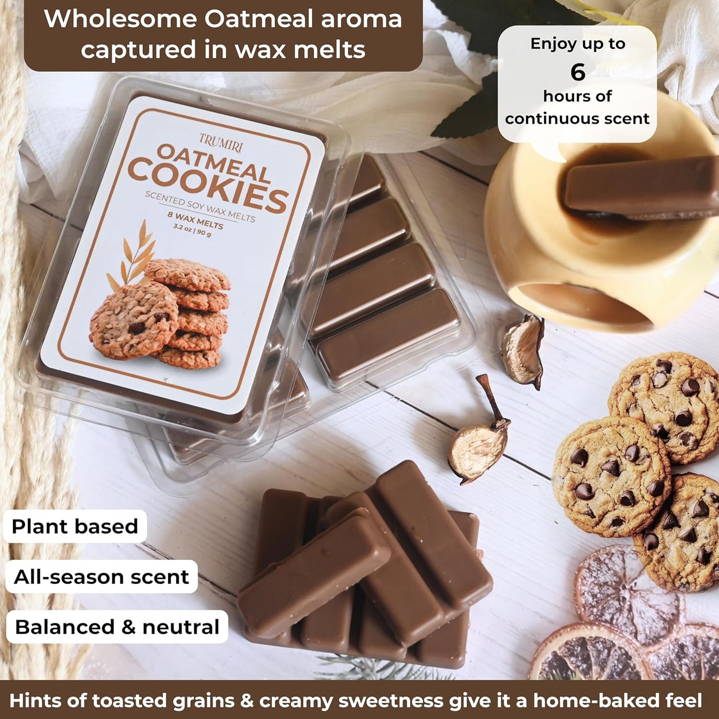 Oatmeal Cookies Scented Wax Melts - Made With Non Toxic Soy Wax And Essential Oils - Long Lasting Strong Scent Pet Safe Candle Wax Cubes Tarts For Warmers Pack Of 4 - Fall Christmas Holidays Gift