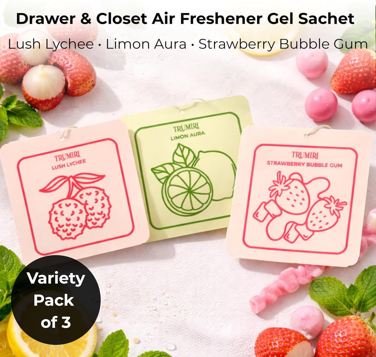 Scented Sachets for Drawer and Closet Freshener with Long Lasting Scent - Variety Pack of 3 - Limon Aura|Strawberry Bubble Gum|Lush Lychee - Home Fragrance Sachet - Olores para Closet De Ropa
