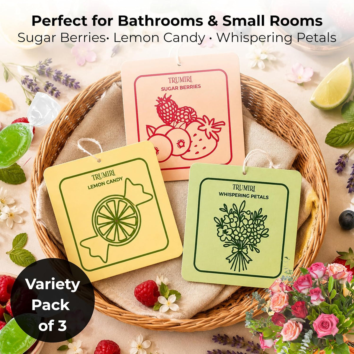Room Deodorizer Gel Odor Eliminator For Home - Variety Pack Of 3 - Lemon Candy|Sugar Berries|Whispering Petals - Non Plug In Strong Scent Bathroom Air Freshener Odor Absorber Closet Deodorizer