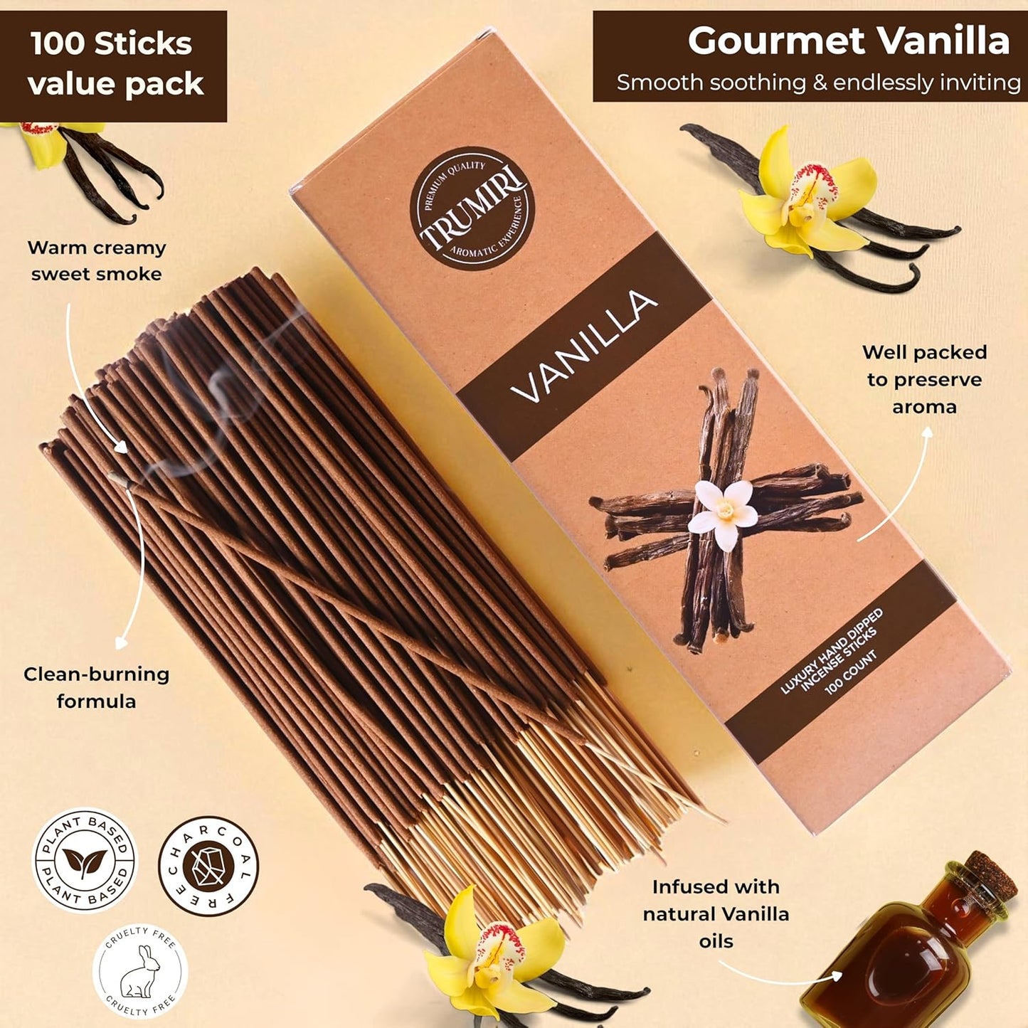 Vanilla Incense Sticks - Pack of 100 Insence-Sticks - Inciensos Aromaticos para La Casa Made with Natural Inscent Ingredients - Scented Insence Non Toxic Incents