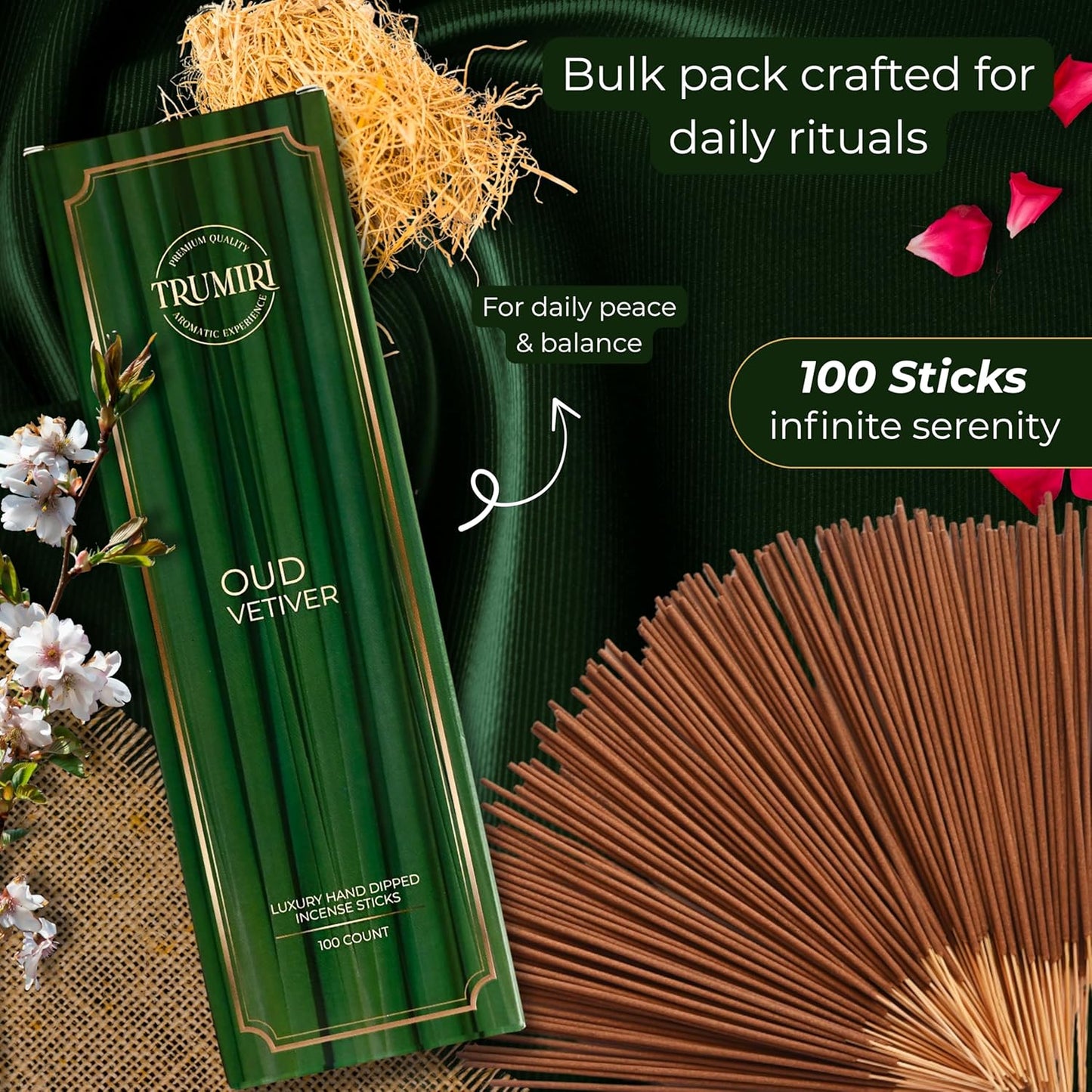Oud Vetiver Incense Sticks - Pack of 100 Inscents-Sticks - Inciensos Aromaticos - Made with Natural Ingredients - Scented Insence Non Toxic Insense Incents