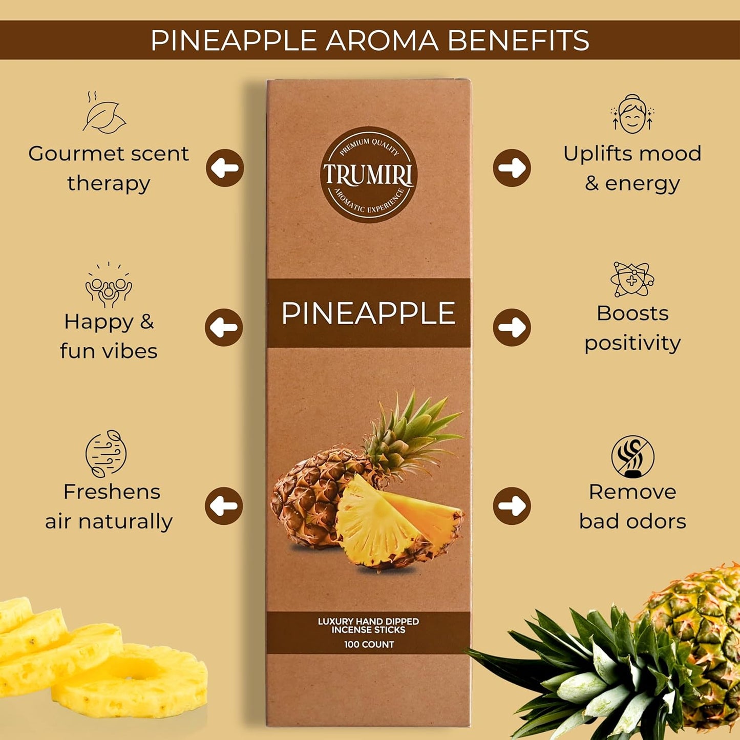 Pineapple Incense Sticks - Pack of 100 Insence-Sticks - Inciensos Aromaticos para La Casa - Natural Non Toxic Inscents - Scented Insense Incents Incence