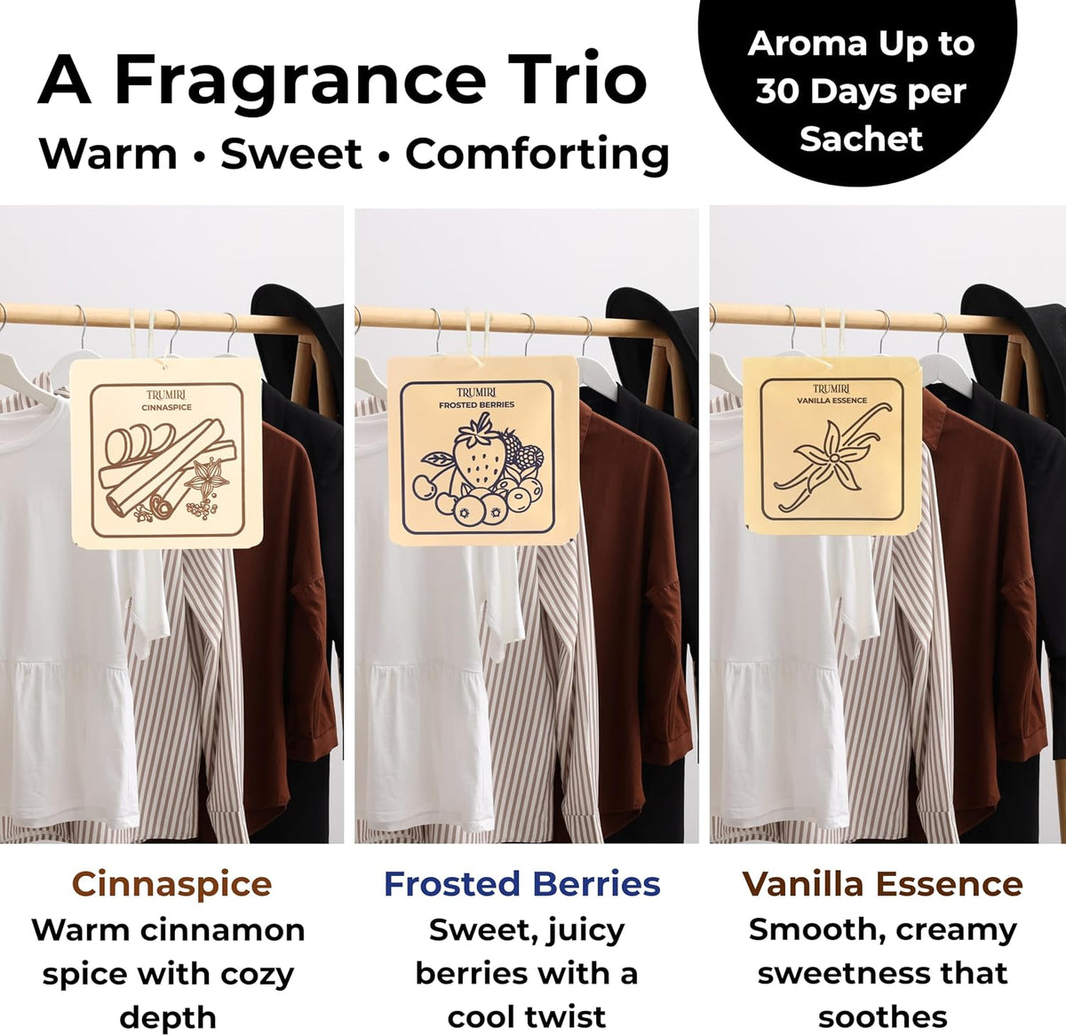 Frosted Berries|Cinnamon|Vanilla Scented Drawer & Closet Air Freshener Sachet– Variety Pack of 3–Long-Lasting Hanging Bag, Scent Diffuser, Odor Eliminator, Wardrobes, Dressers–Home Fragrance Gift Set