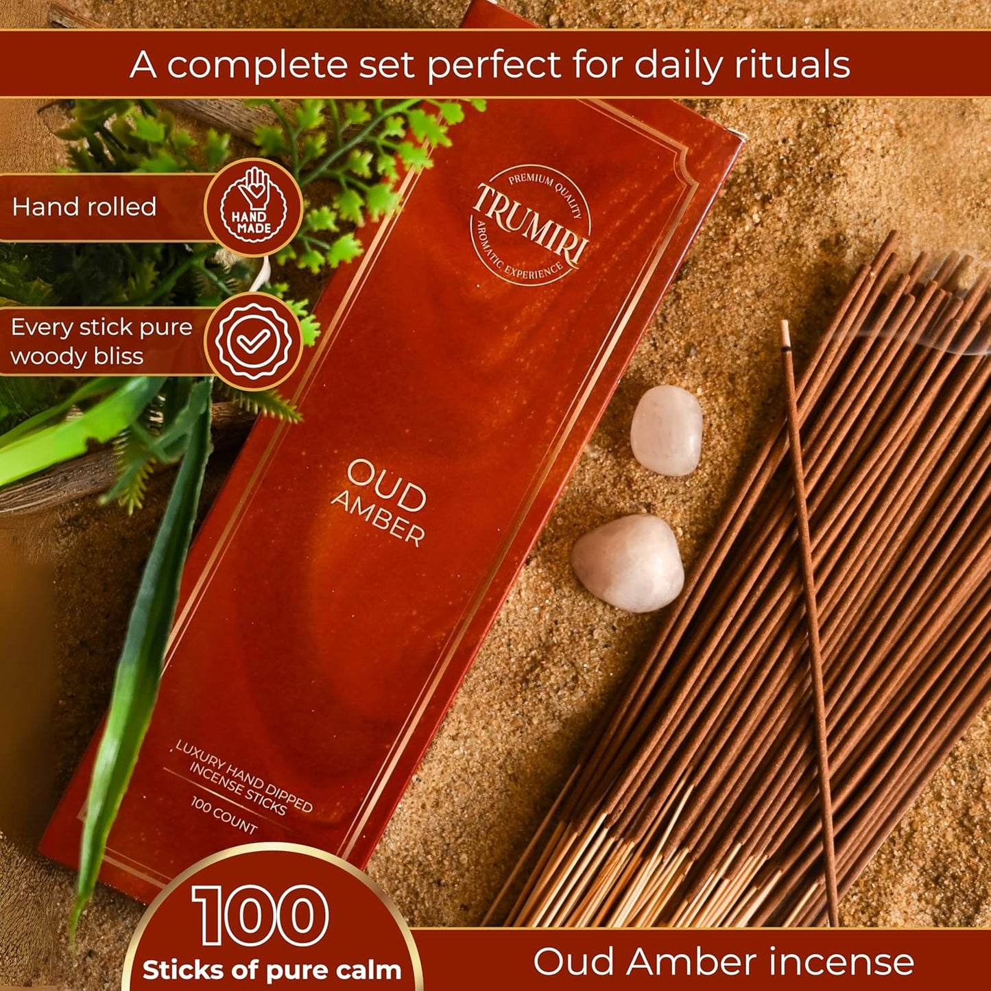 Oud Amber Incense Sticks - Pack of 100 Insence-Sticks - Inciensos Aromaticos Made with Natural Oud and Amber Oil - Scented Inscents Non Toxic Insense Incents