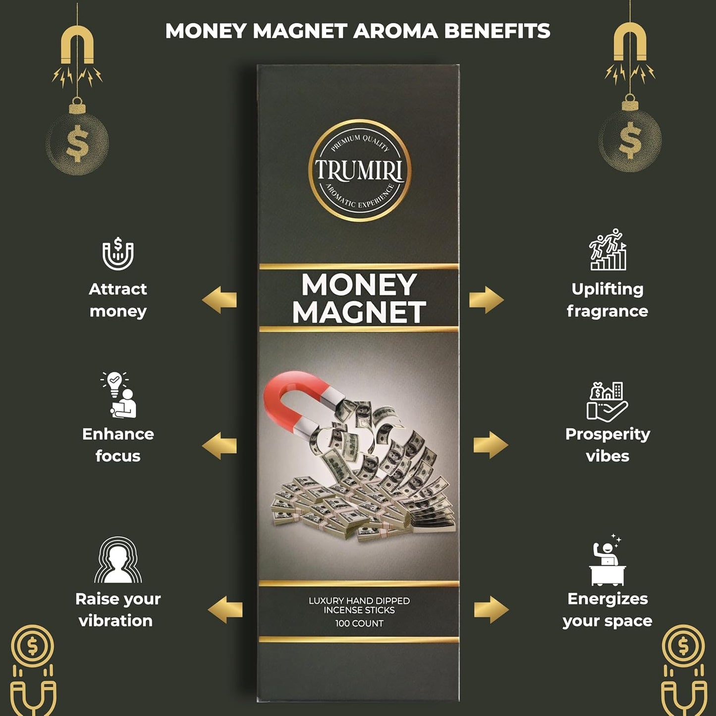Money Magnet Incense Sticks - Pack of 100 Insence-Sticks to Attract Money - Made with Natural Raw Ingredients - Non Toxic Inciensos Indian Spiritual Insense Inscents