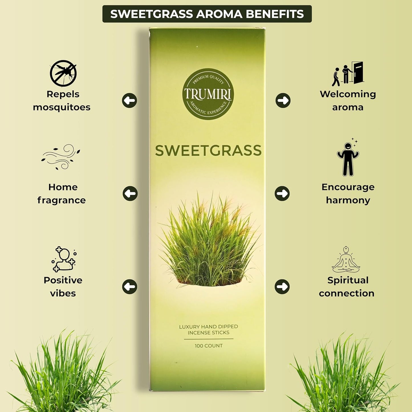 Sweetgrass Incense Sticks - Pack of 100 Inscents-Sticks - Made with Non Toxic Insence Ingredients - Scented Incienso Spiritual Insense Natural Agarbatti Incents