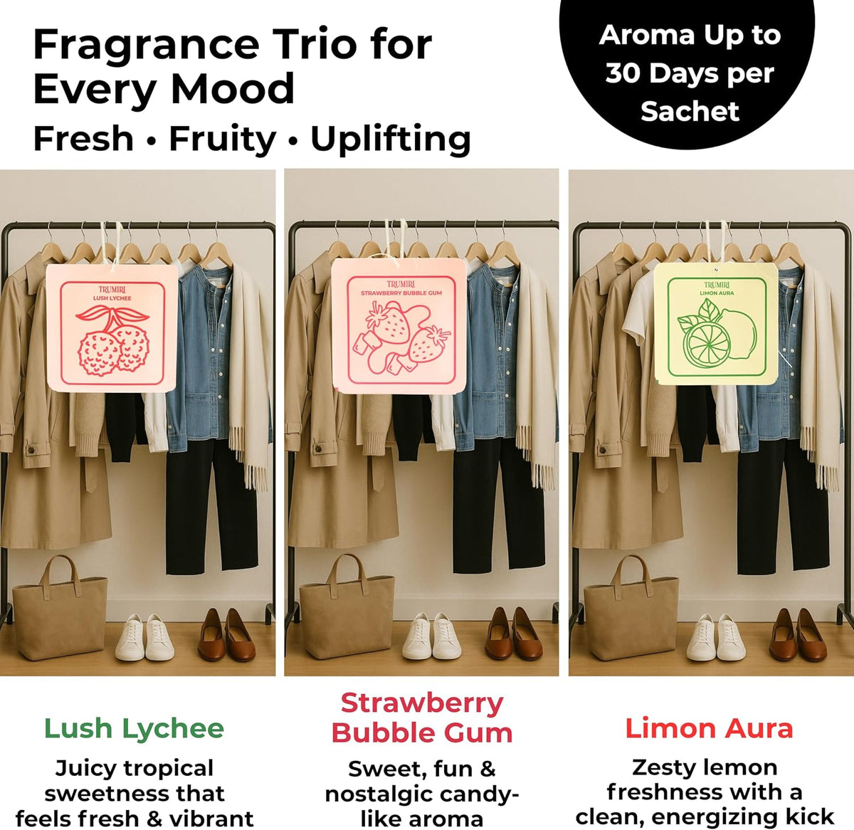 Scented Sachets for Drawer and Closet Freshener with Long Lasting Scent - Variety Pack of 3 - Limon Aura|Strawberry Bubble Gum|Lush Lychee - Home Fragrance Sachet - Olores para Closet De Ropa