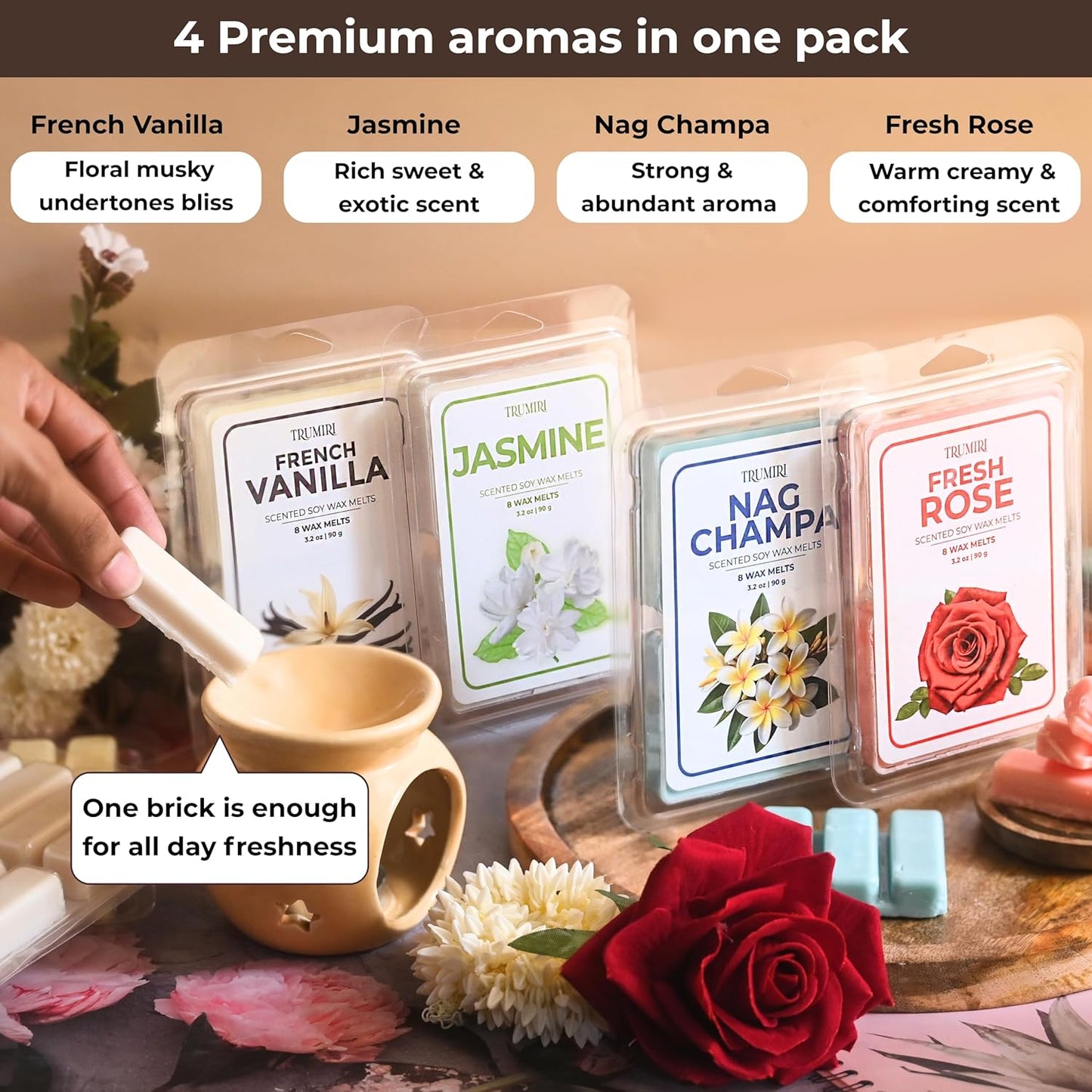 Scented Wax Melts Variety Pack of 4x8ea - Nag Champa|Fresh Rose|French Vanilla|Jasmine - Made with Non Toxic Soy Wax and Essential Oils- Long Lasting Strong...