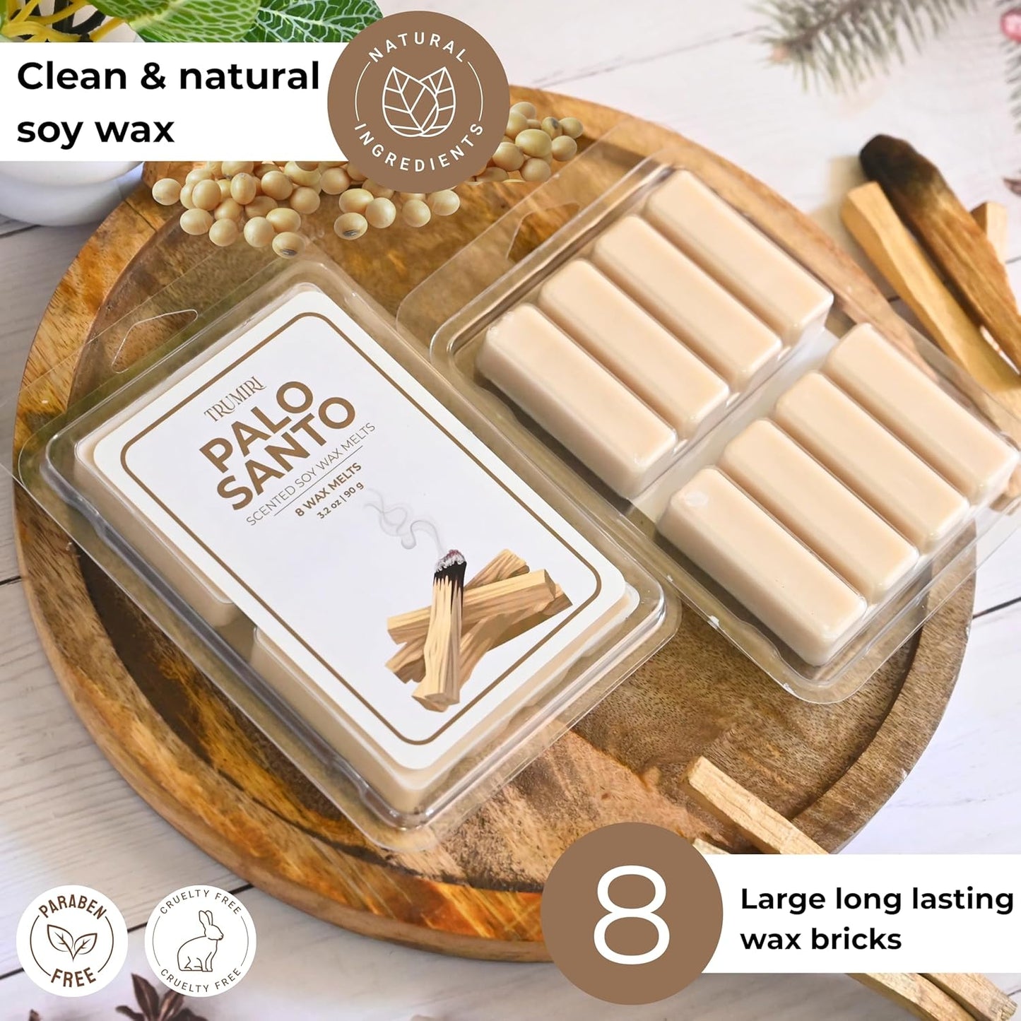 TRUMIRI Palo Santo Scented Wax Melts - Made with Non Toxic Soy Wax and Essential Oils - Long Lasting Strong Scent Pet Safe Candle Wax Cubes Tarts for Warmers Pack of 4 - for Cleansing Negative Energy