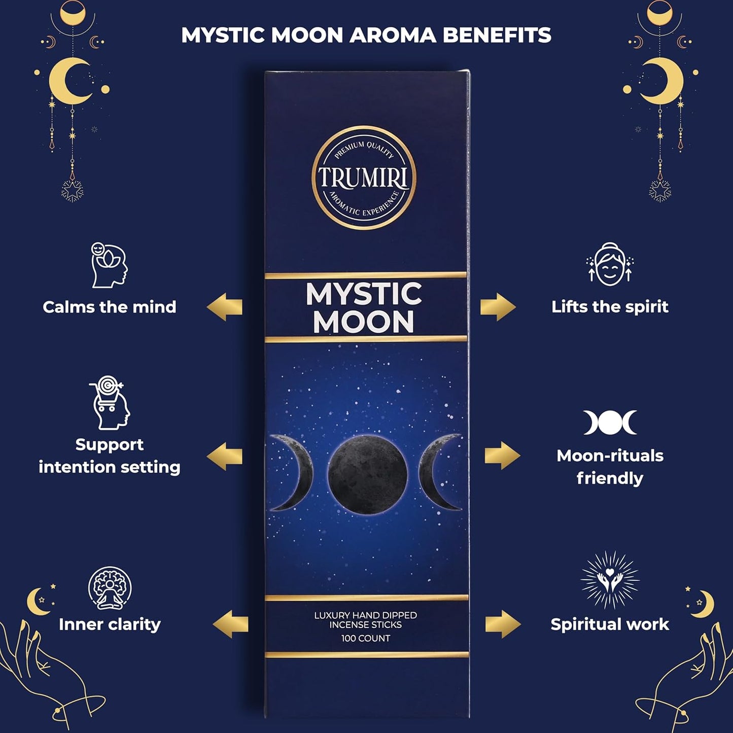 Mystic Moon Incense Sticks - Pack of 100 Insence-Sticks for Invoking Moon Magic - Made with Natural Raw Ingredients - Scented Insense Spiritual Inciensos Incents