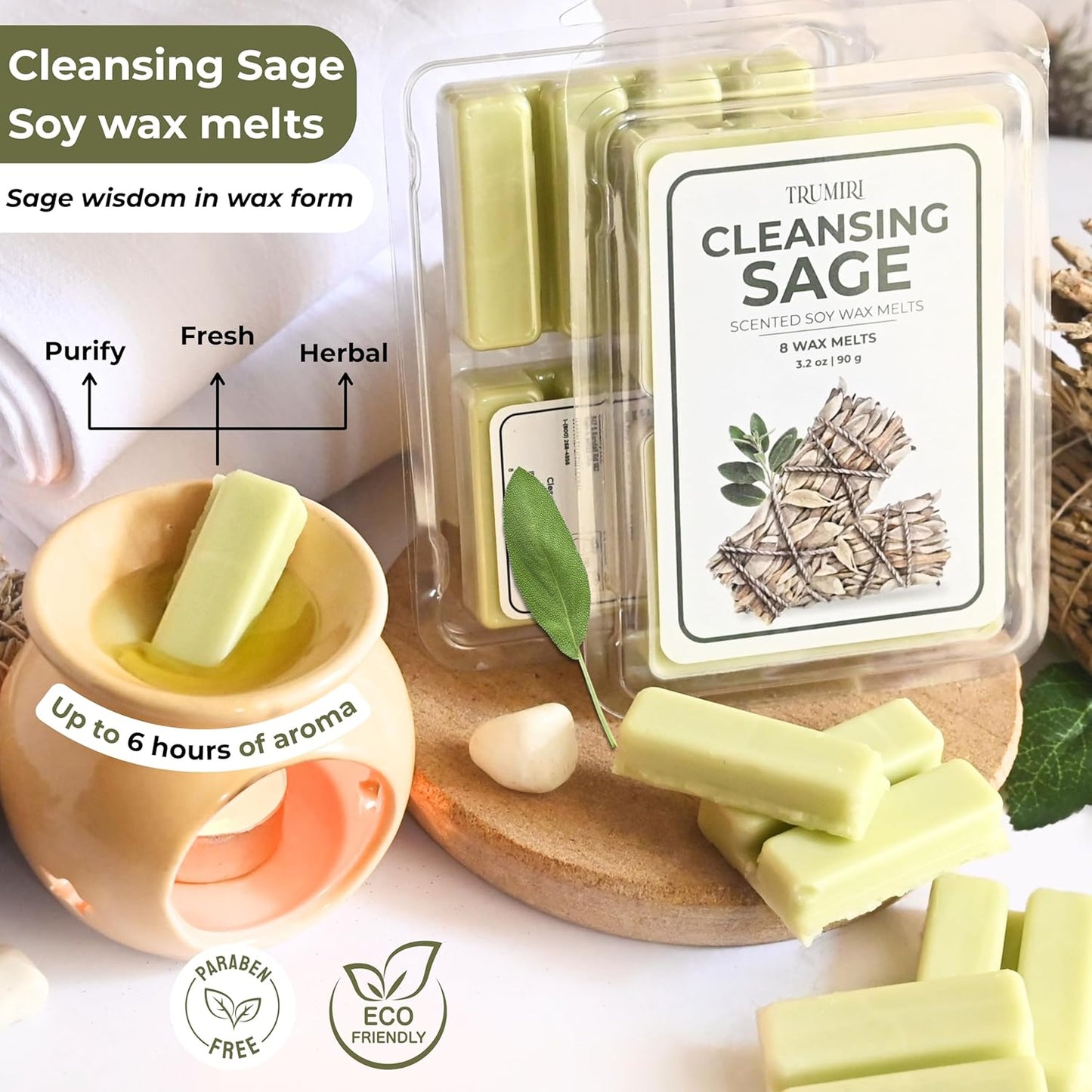 Cleansing Sage Scented Wax Melts - Made With Non Toxic Soy Wax And Essential Oils - Long Lasting Strong Scent Pet Safe Candle Wax Cubes Tarts For Warmers - For Cleansing Negative Energy And Protection