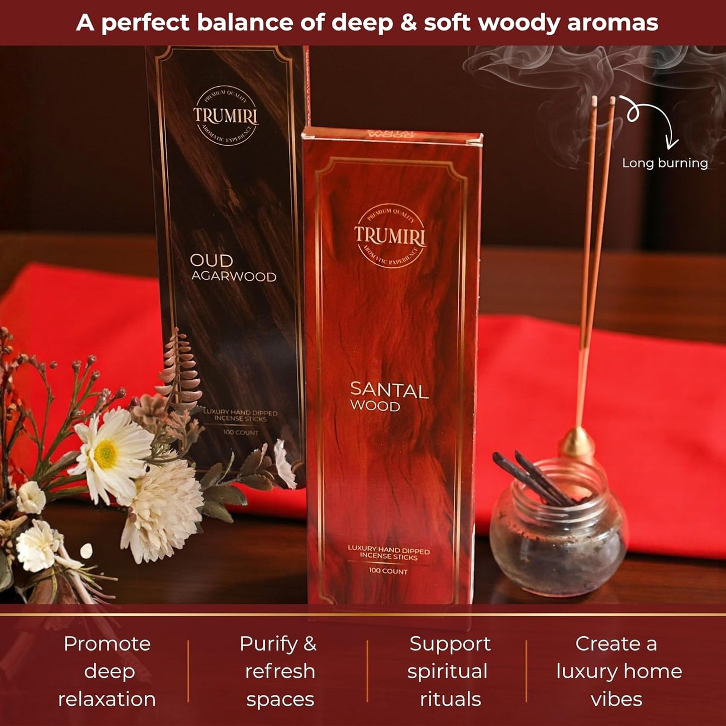Oud Agarwood & Santal Wood - Combo Pack of Incense Sticks - 100 Insence-Sticks of Each Scent - Total 200 Inscents - Natural Insense Made with Non Toxic Ingredients and Essential Oils