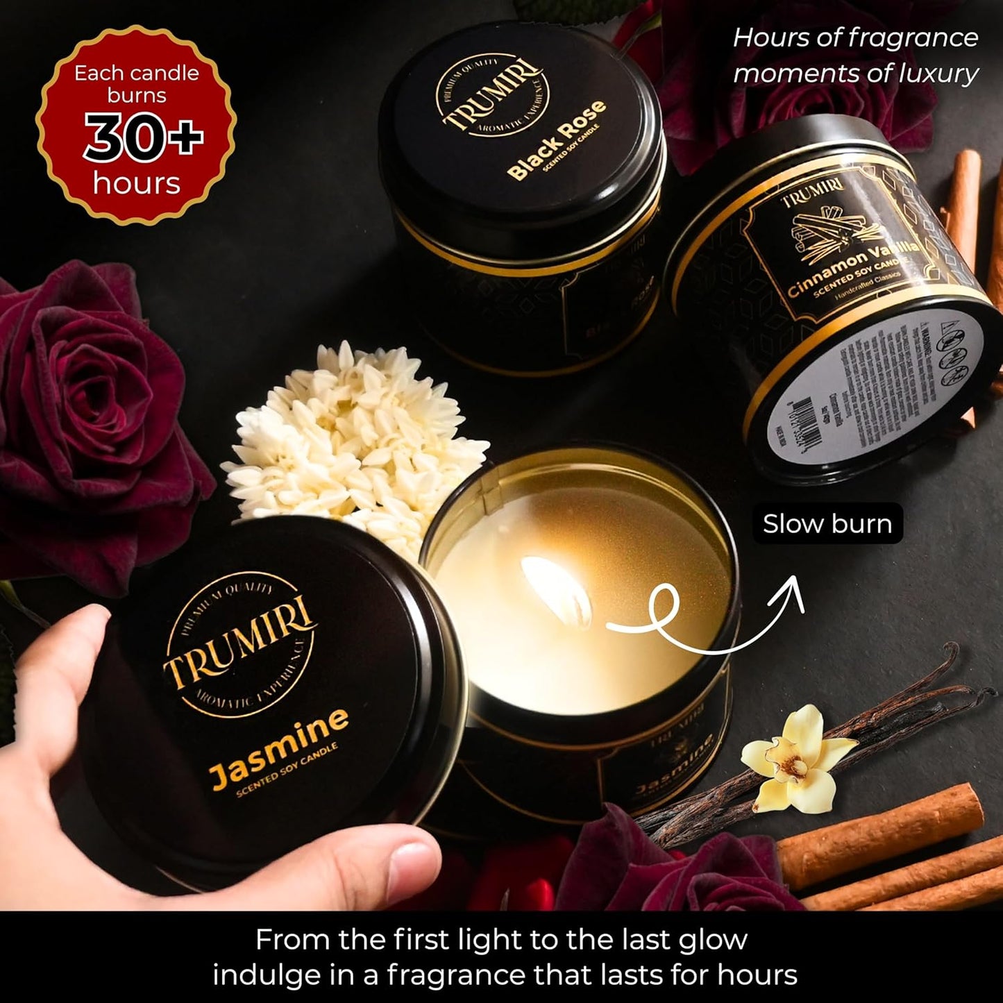 Candle Gift Set of 3 Cinnamon Vanilla|Jasmine|Black Rose Strong Scented Soy Candels Natural Non Toxic Velas Aromáticas Favors for Women Coworkers Friends Guests Also for Diwali Christmas Holidays