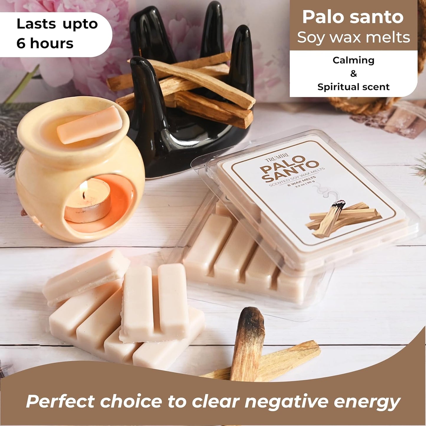 Palo Santo Scented Wax Melts - Made With Non Toxic Soy Wax And Essential Oils - Long Lasting Strong Scent Pet Safe Candle Wax Cubes Tarts For Warmers - For Cleansing Negative Energy And Protection
