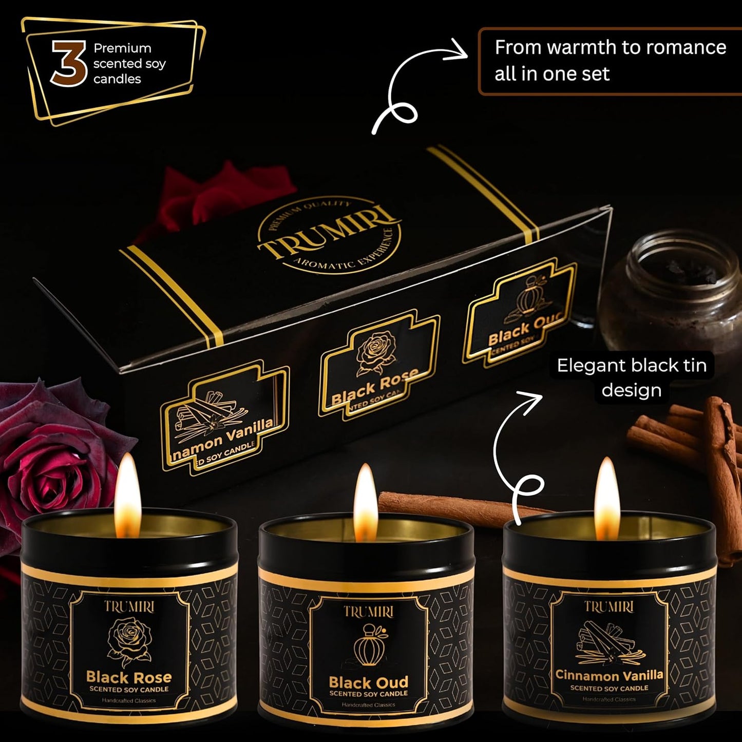 Candle Gift Set of 3 Black Oud|Cinnamon Vanilla|Black Rose Strong Scented Soy Candels Clean Non Toxic Velas Aromáticas Favors for Women Coworkers Friends Guests Also for Diwali Christmas Holidays