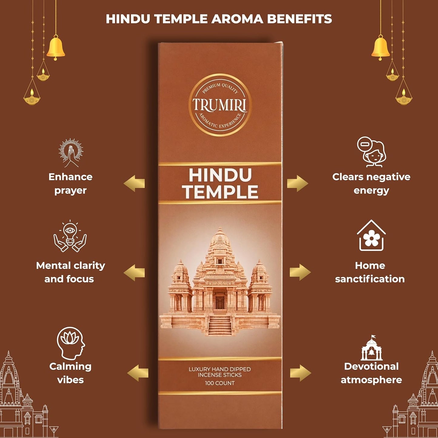 Hindu Temple Incense Sticks - Pack of 100 Insence-Sticks - Made with Natural Non Toxic Raw Ingredients - Sacred Insence Indian Spiritual Agarbatti Insense