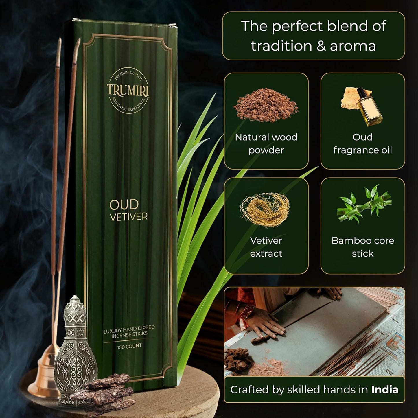 Oud Vetiver Incense Sticks - Pack of 100 Inscents-Sticks - Inciensos Aromaticos - Made with Natural Ingredients - Scented Insence Non Toxic Insense Incents