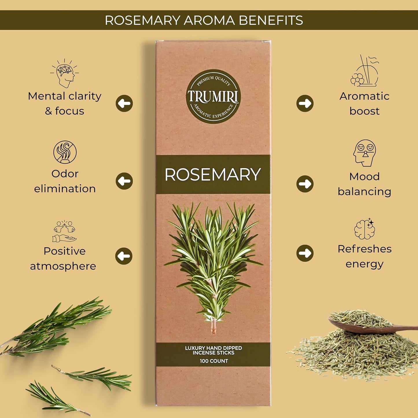 Rosemary Incense Sticks - Pack of 100 Inscents-Sticks Inciensos Aromaticos - Made with Natural Essential Oil - Scented Insence Non Toxic Agarbatti Incents