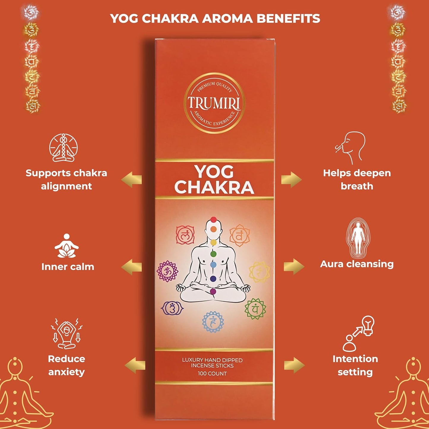 YOG Chakra Incense Sticks - Pack of 100 Insence-Sticks for Chakra Meditation - Made with Natural Raw Ingredients - Scented Inciensos Indian Spiritual Agarbatti Insense