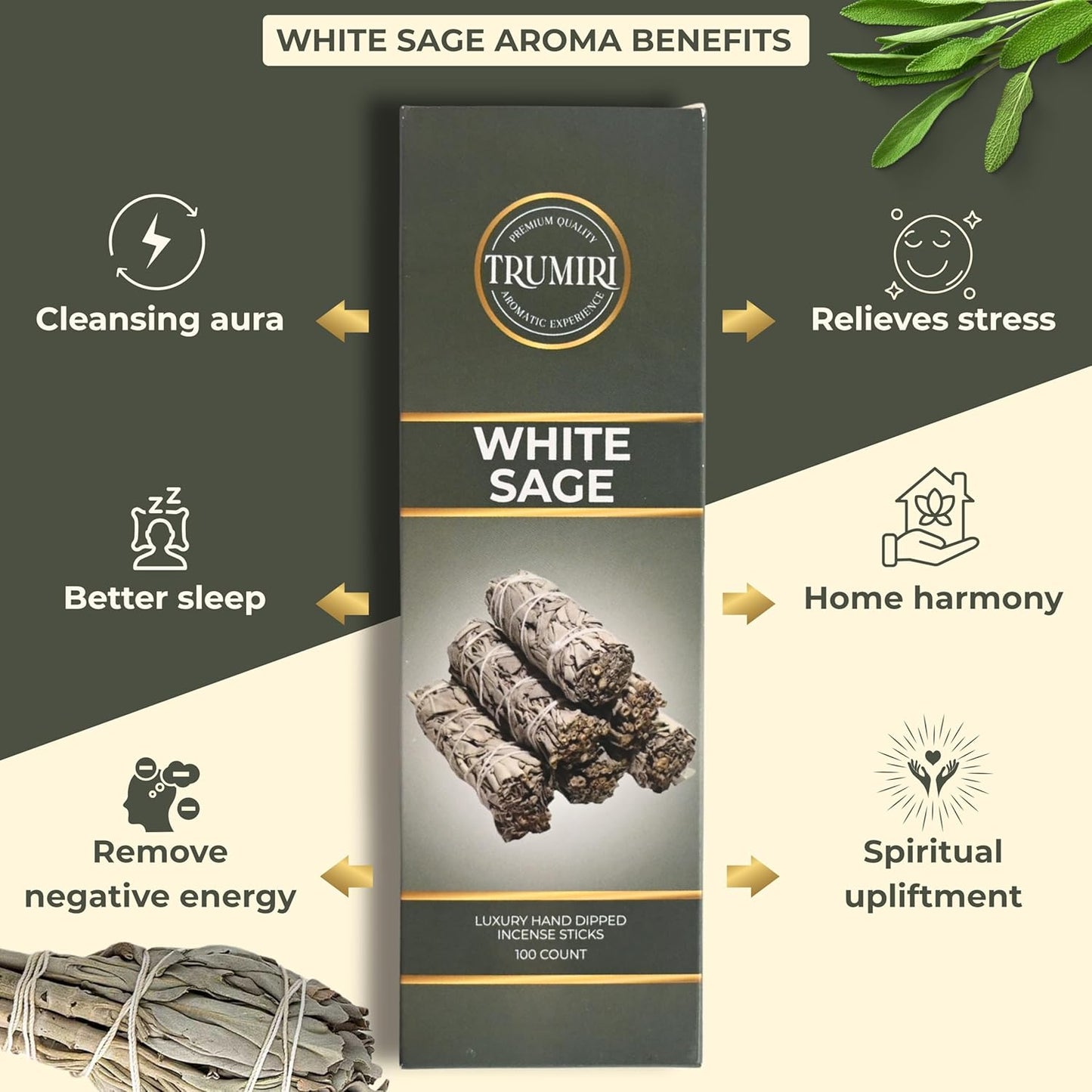White Sage Incense Sticks - Pack of 100 Insence-Sticks for Cleansing Negative Energy - Made with Natural White Sage Smudge - Non Toxic Salvia Blanca Inciensos - Spiritual Insense Incents