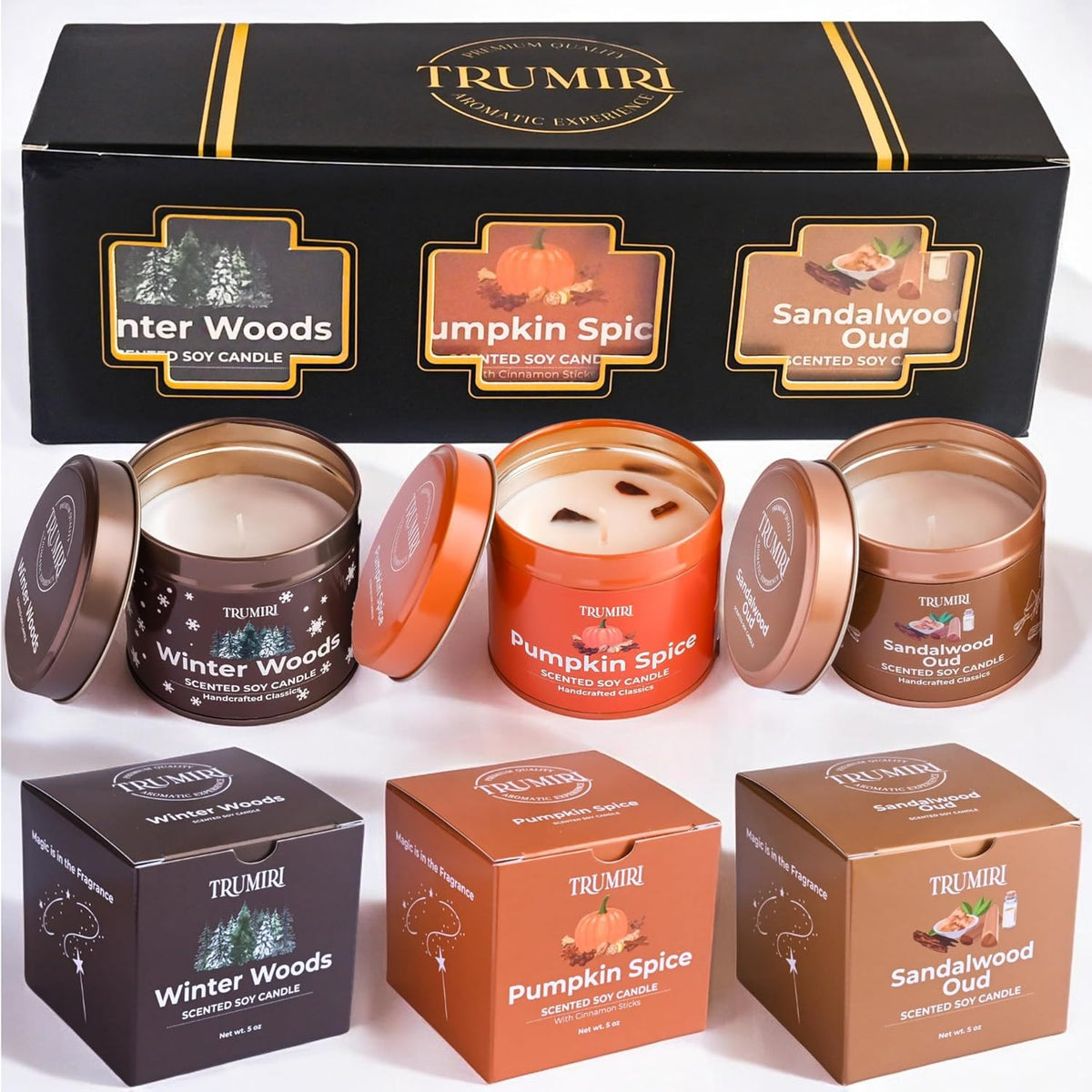 Winter Woods, Pumpkin Spice, Sandalwood Oud - Soy Candles Non Toxic - Highly Scented Long Lasting with Essential Oils - Variety Pack of 3 x 5oz - for Home Aromatherapy Meditation Gift Travel
