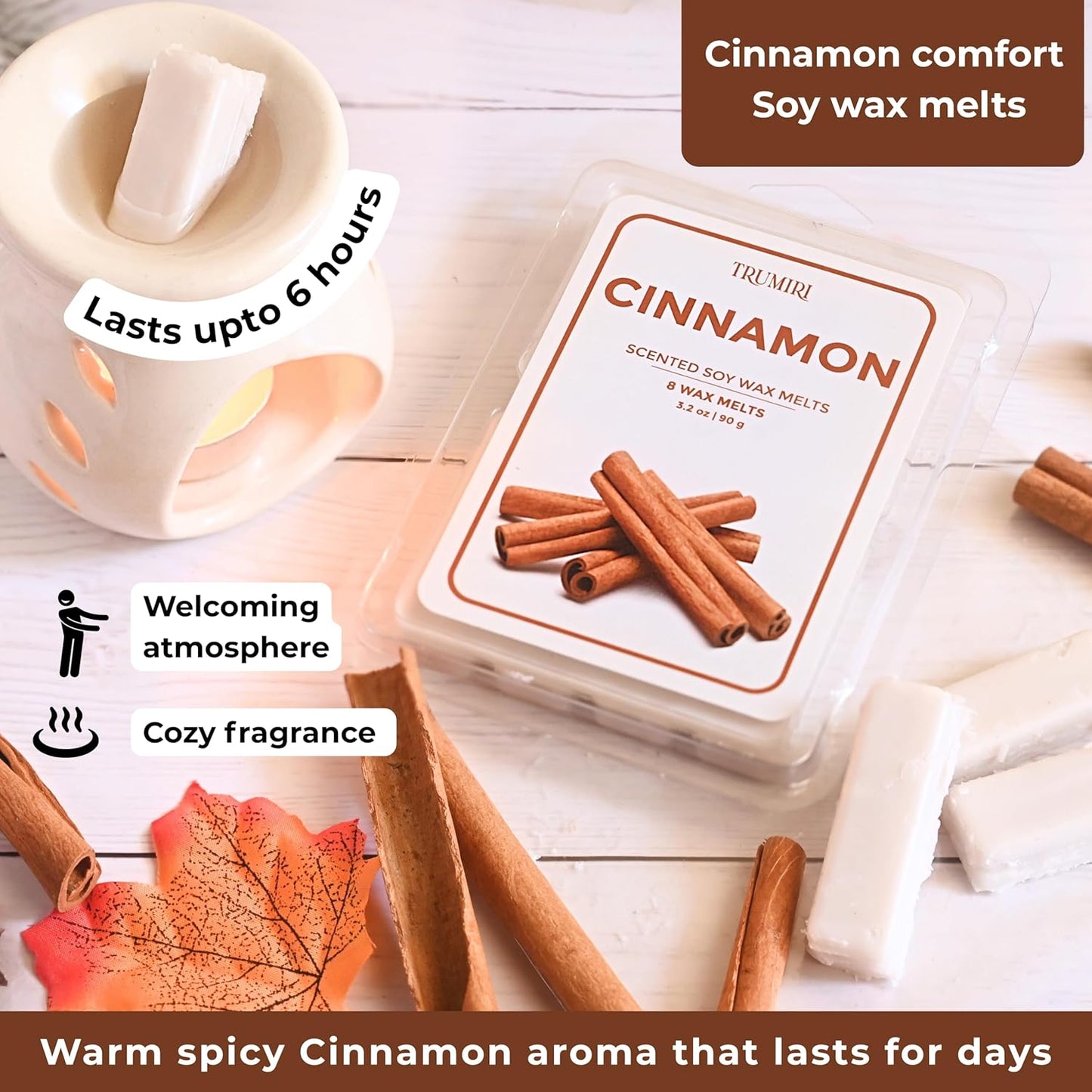 TRUMIRI Cinnamon Scented Wax Melts - Made with Non Toxic Soy Wax and Essential Oils - Long Lasting Strong Scent Pet Safe Candle Wax Cubes Tarts for Warmers - Fall Christmas