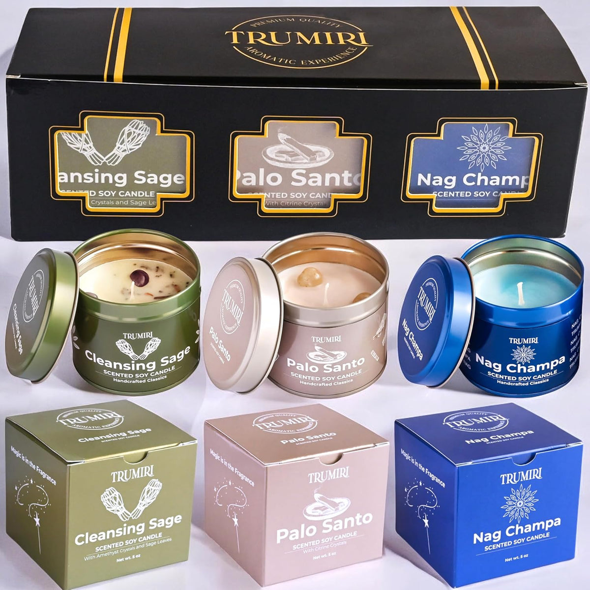 Cleansing Sage, Palo Santo, Nag Champa - Soy Candles Non Toxic - Highly Scented Long Lasting with Essential Oils - Variety Pack of 3 x 5oz - for Home Aromatherapy Meditation Gift Travel