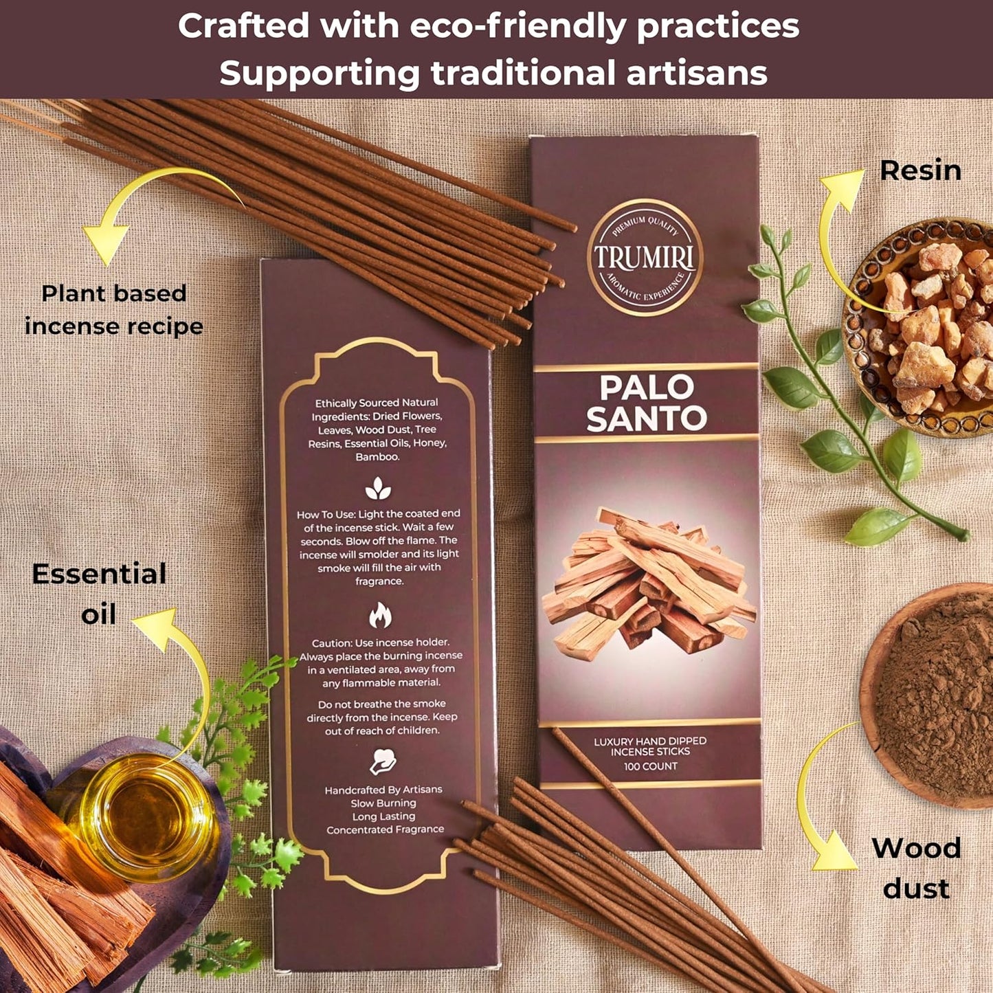 Palo Santo Incense Sticks - Pack of 100 Insence-Sticks for Removing Negative Energy - Made with Natural Incienso De Palo Santo - Scented Insense Spiritual Non Toxic Inscents