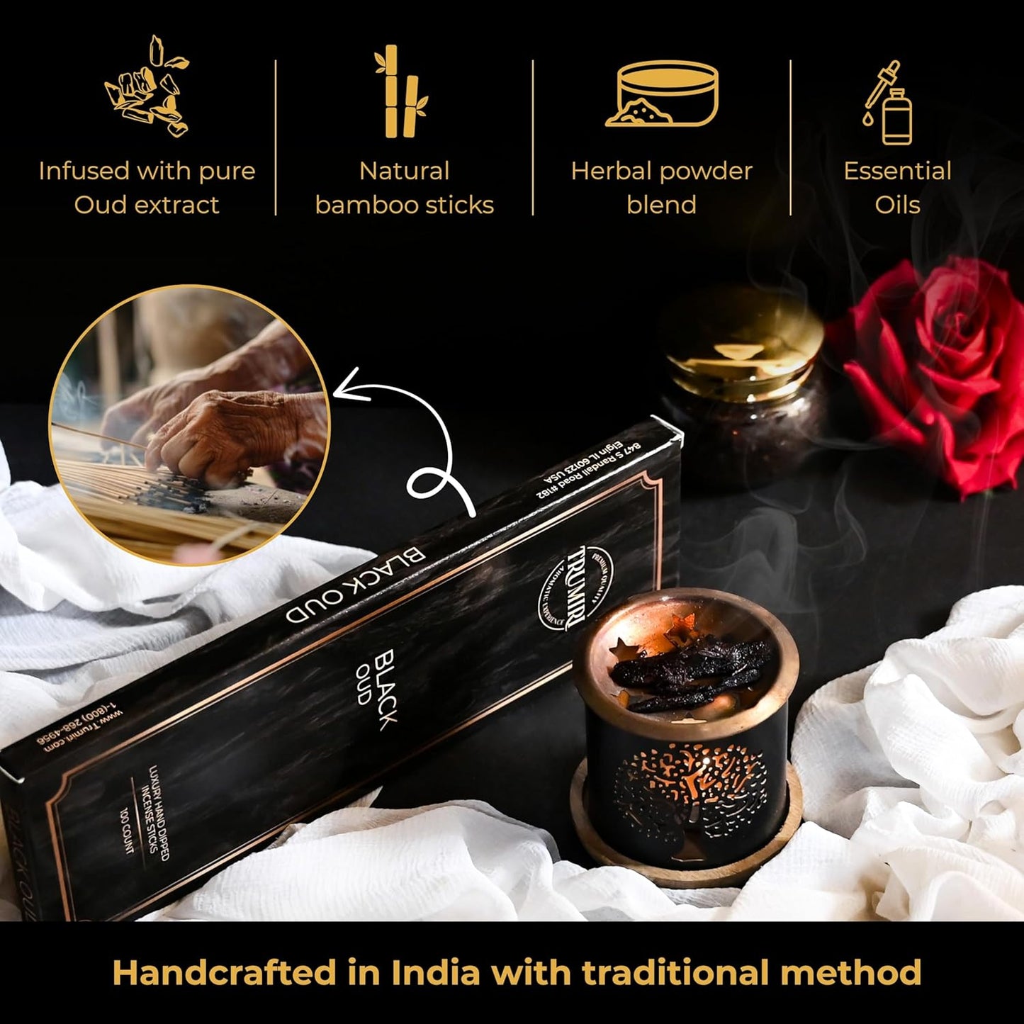Black Oud Incense Sticks - Pack of 100 Insence-Sticks - Inciensos Aromaticos Made with Natural Oud Essential Oil - Scented Inscents Non Toxic Agarbatti Insense