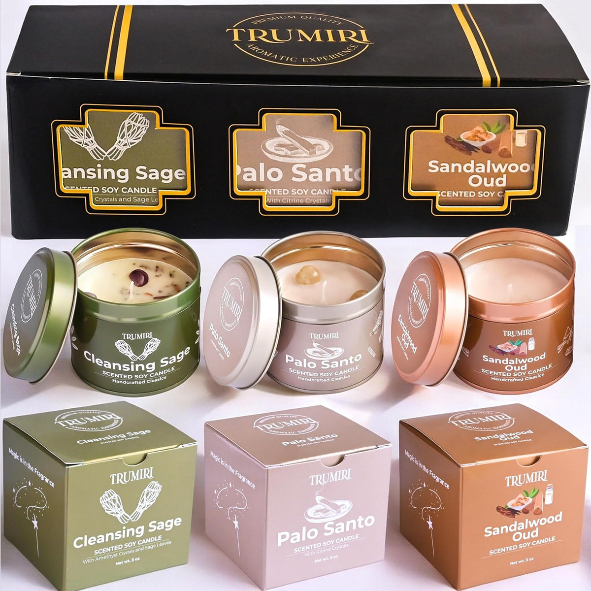 Cleansing Sage, Palo Santo, Sandalwood Oud - Soy Candles Non Toxic - Highly Scented Long Lasting with Essential Oils - Variety Pack of 3 x 5oz - for Home Aromatherapy Meditation Gift Travel